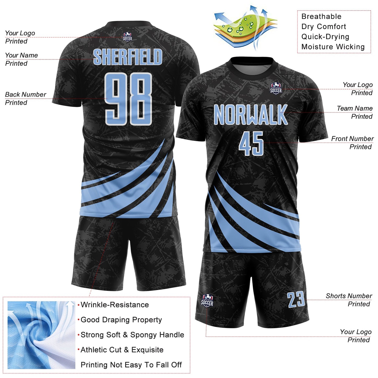 Custom Black Light Blue-White Distressed Diagonal Stripes Wind Shapes Sports Sublimation Soccer Uniform Jersey view 4