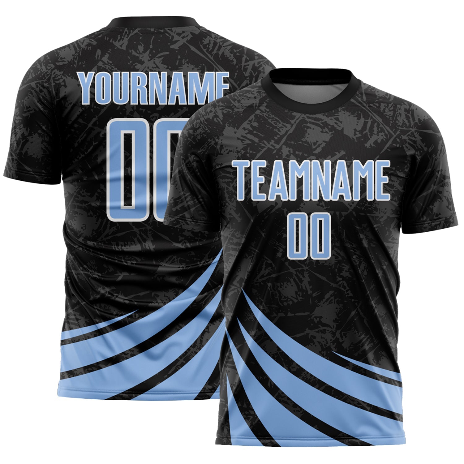Custom Black Light Blue-White Distressed Diagonal Stripes Wind Shapes Sports Sublimation Soccer Uniform Jersey - Main View