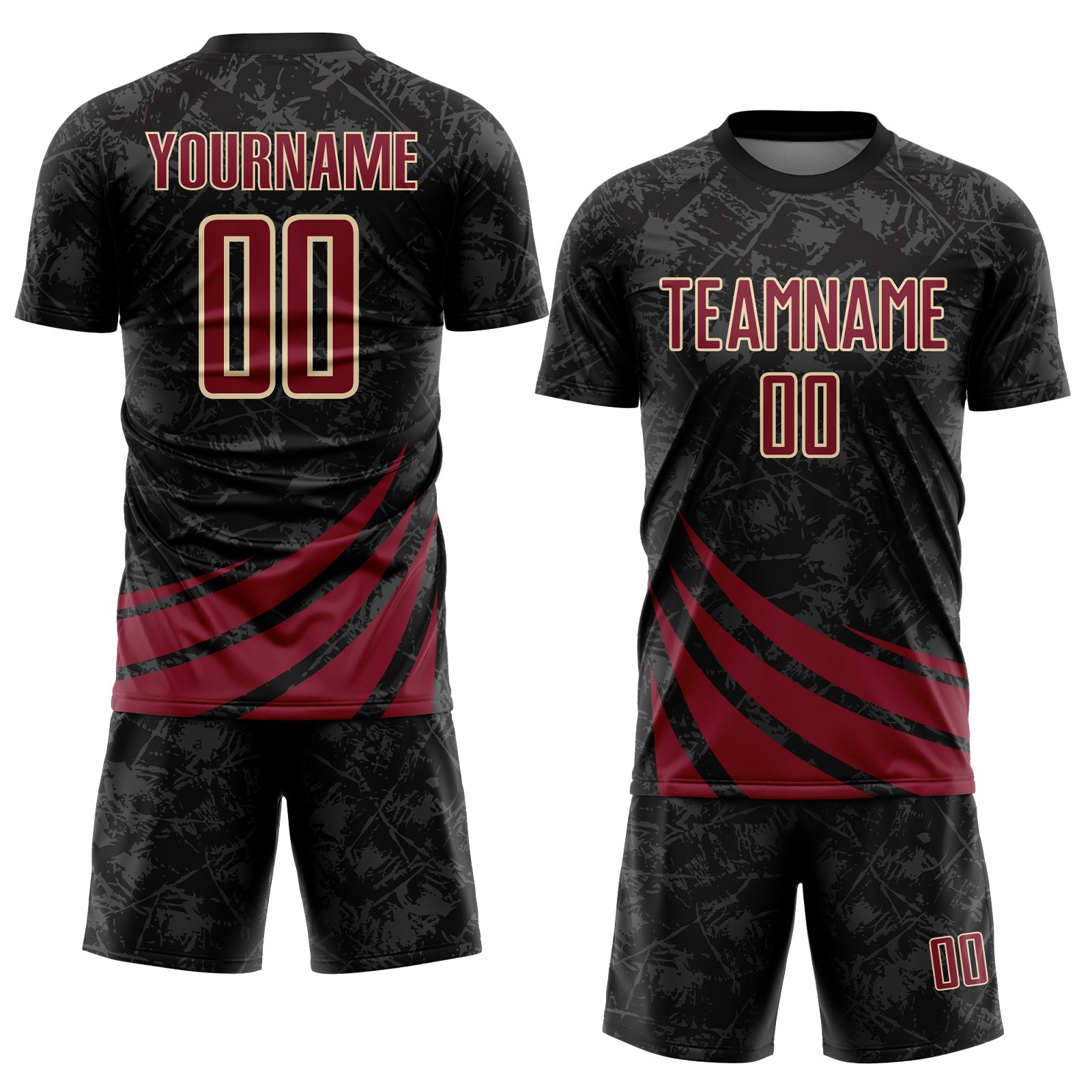 Custom Black Crimson-Cream Distressed Diagonal Stripes Wind Shapes Sports Sublimation Soccer Uniform Jersey view 2