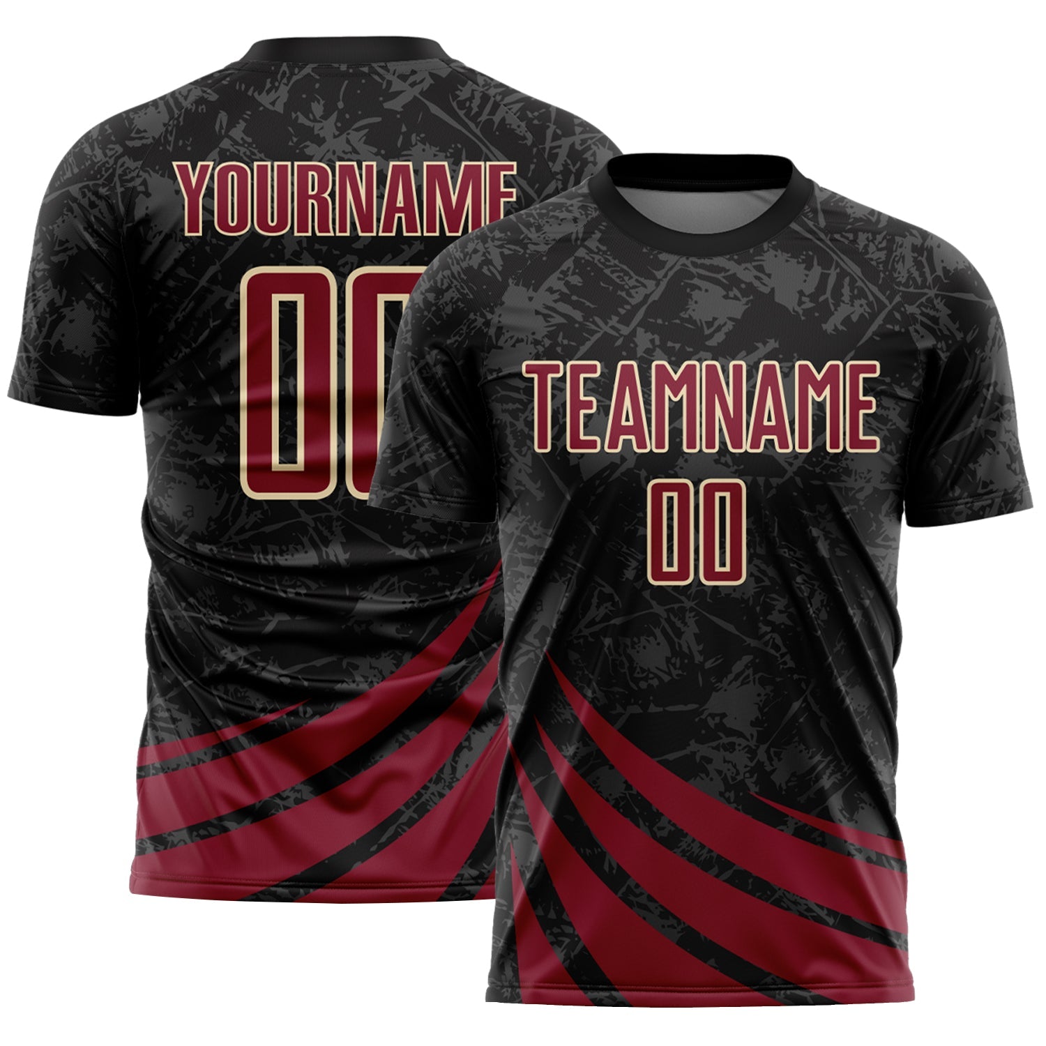 Custom Black Crimson-Cream Distressed Diagonal Stripes Wind Shapes Sports Sublimation Soccer Uniform Jersey - Main View