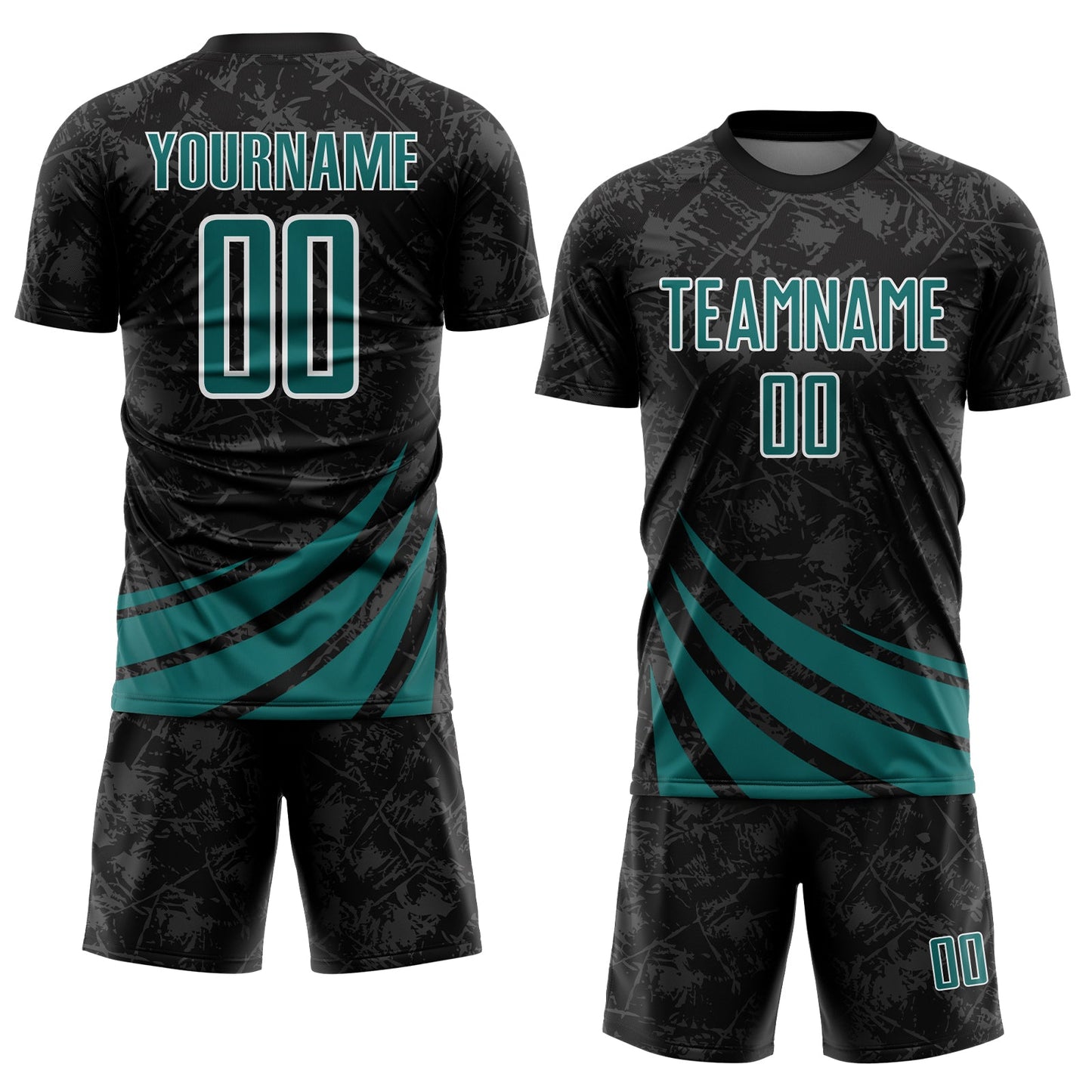 Custom Black Teal-White Distressed Diagonal Stripes Wind Shapes Sports Sublimation Soccer Uniform Jersey view 2