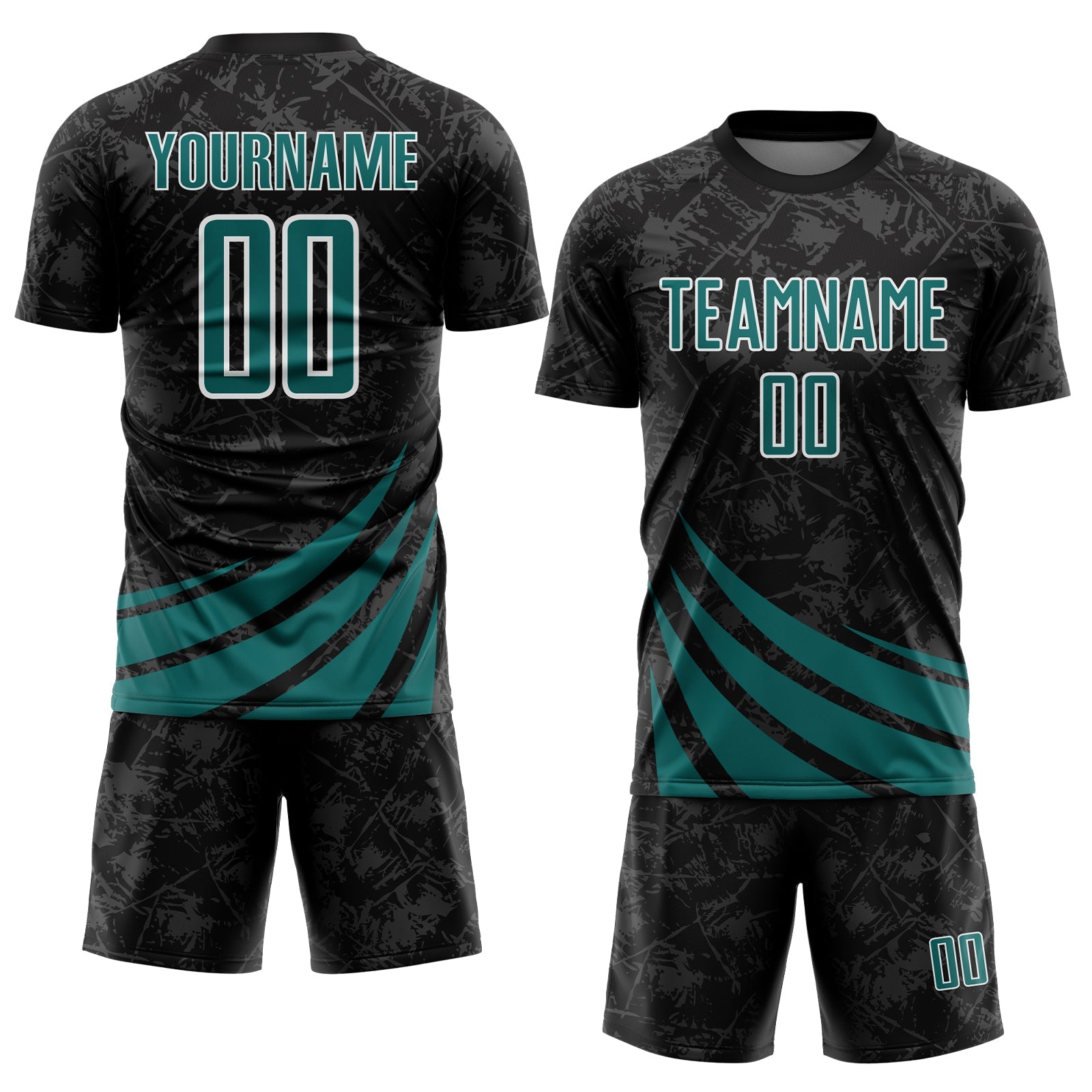 Custom Black Teal-White Distressed Diagonal Stripes Wind Shapes Sports Sublimation Soccer Uniform Jersey view 2