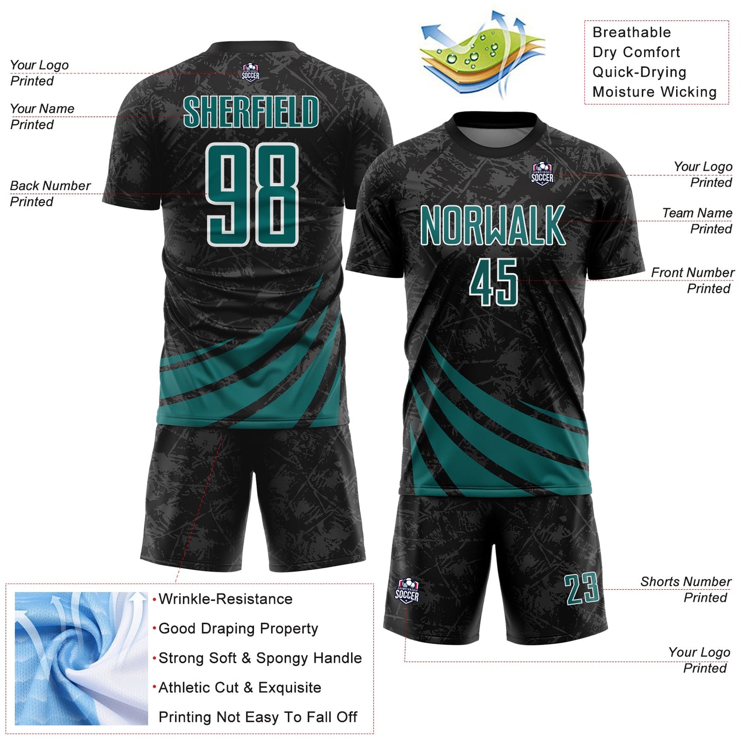Custom Black Teal-White Distressed Diagonal Stripes Wind Shapes Sports Sublimation Soccer Uniform Jersey view 4