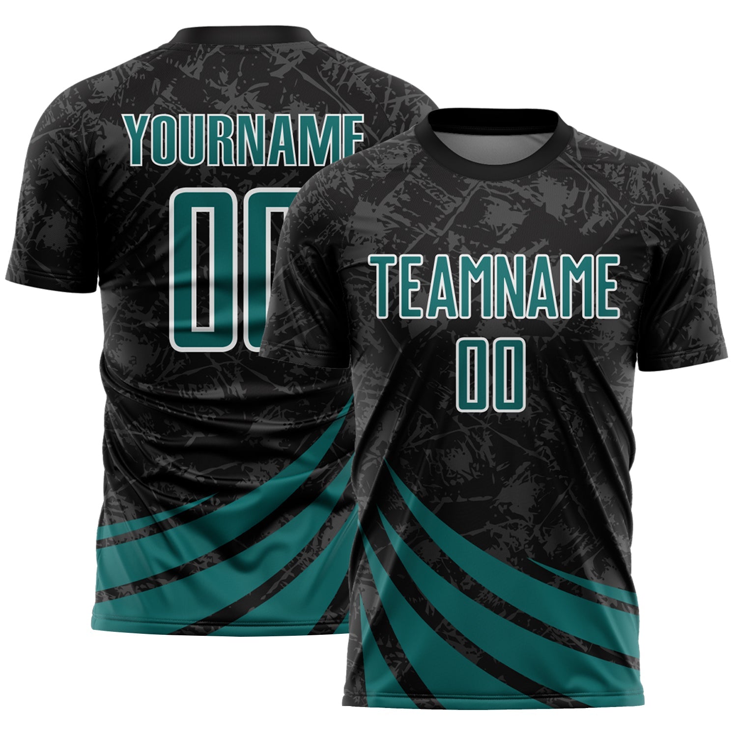 Custom Black Teal-White Distressed Diagonal Stripes Wind Shapes Sports Sublimation Soccer Uniform Jersey - Main View