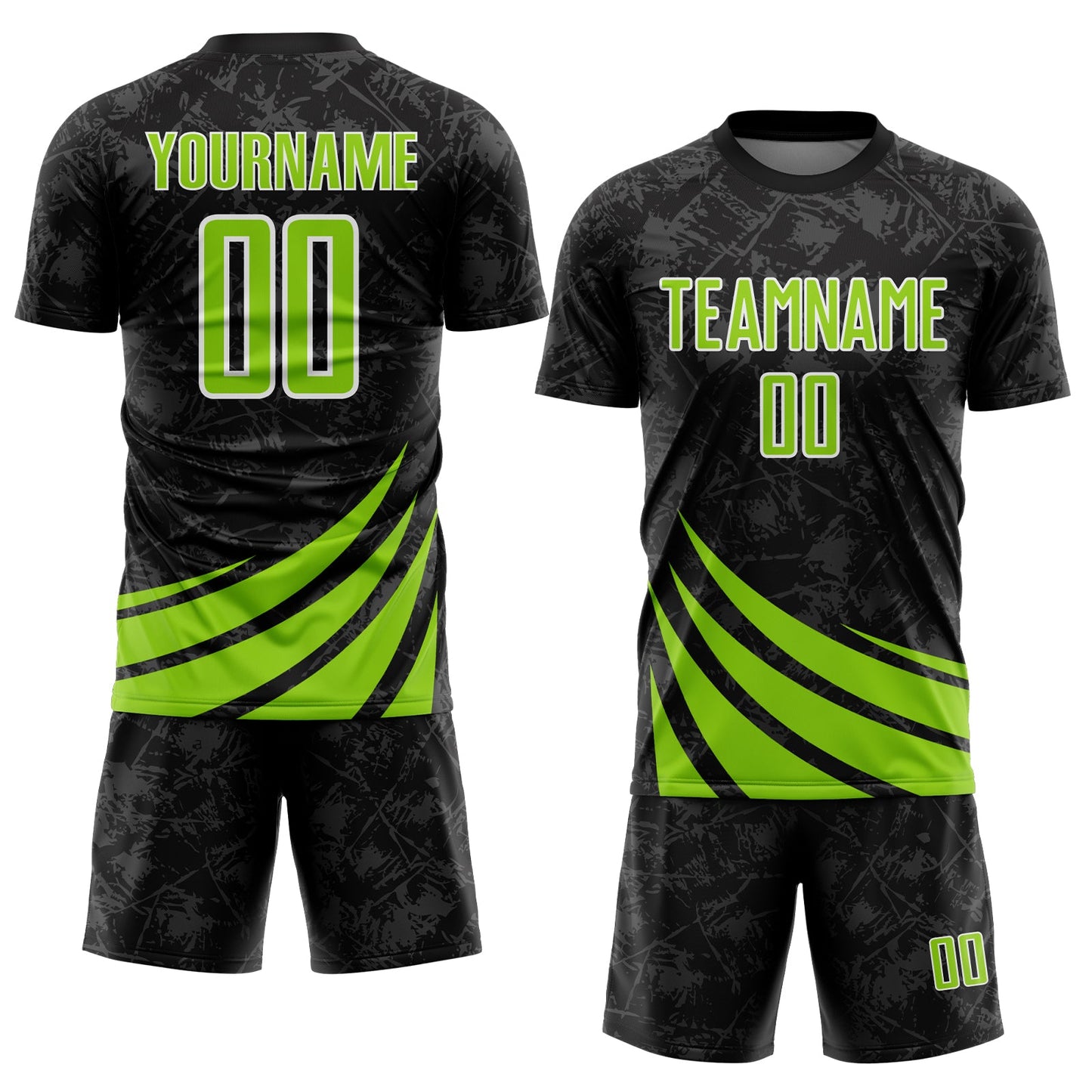 Custom Black Neon Green-White Distressed Diagonal Stripes Wind Shapes Sports Sublimation Soccer Uniform Jersey view 2
