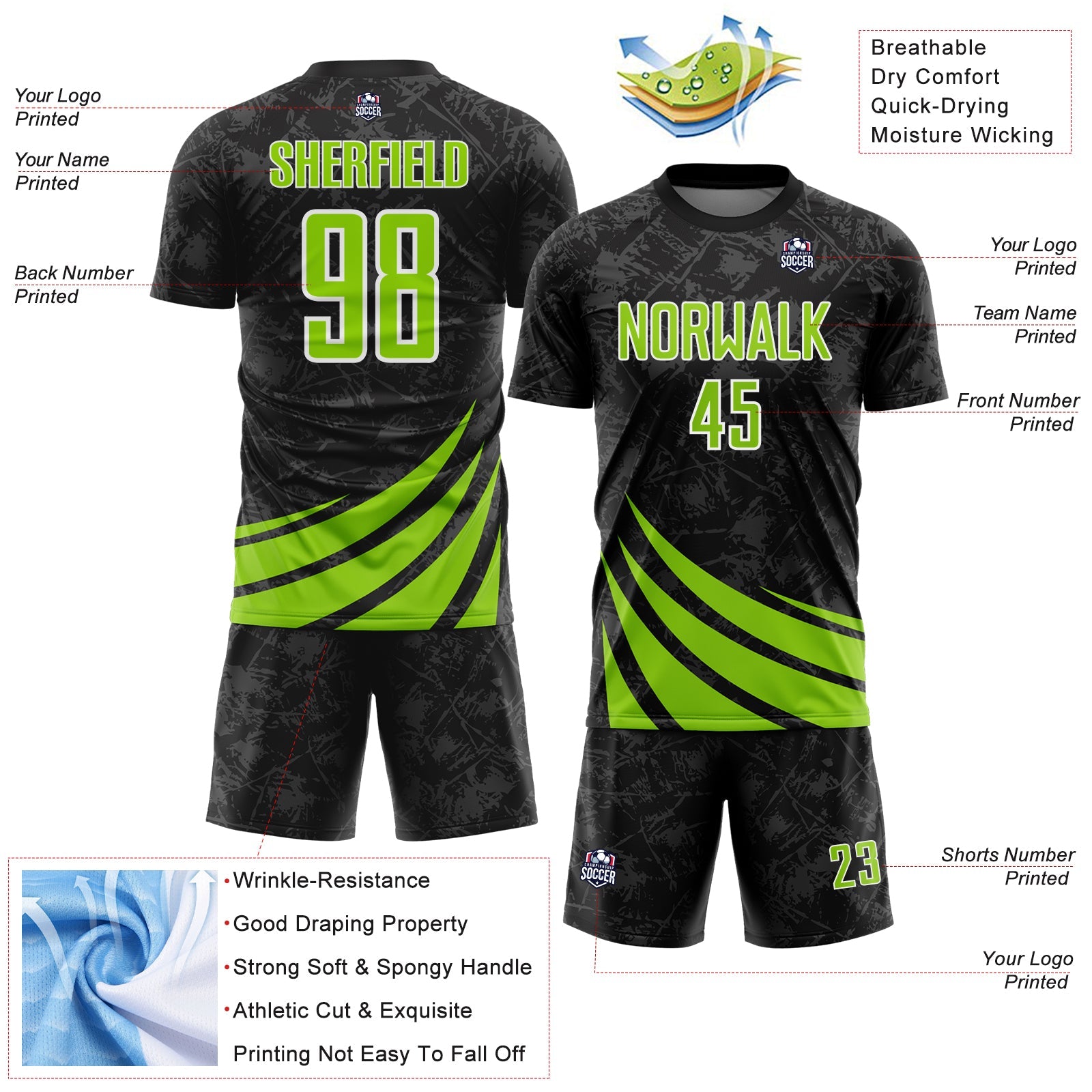 Custom Black Neon Green-White Distressed Diagonal Stripes Wind Shapes Sports Sublimation Soccer Uniform Jersey view 4