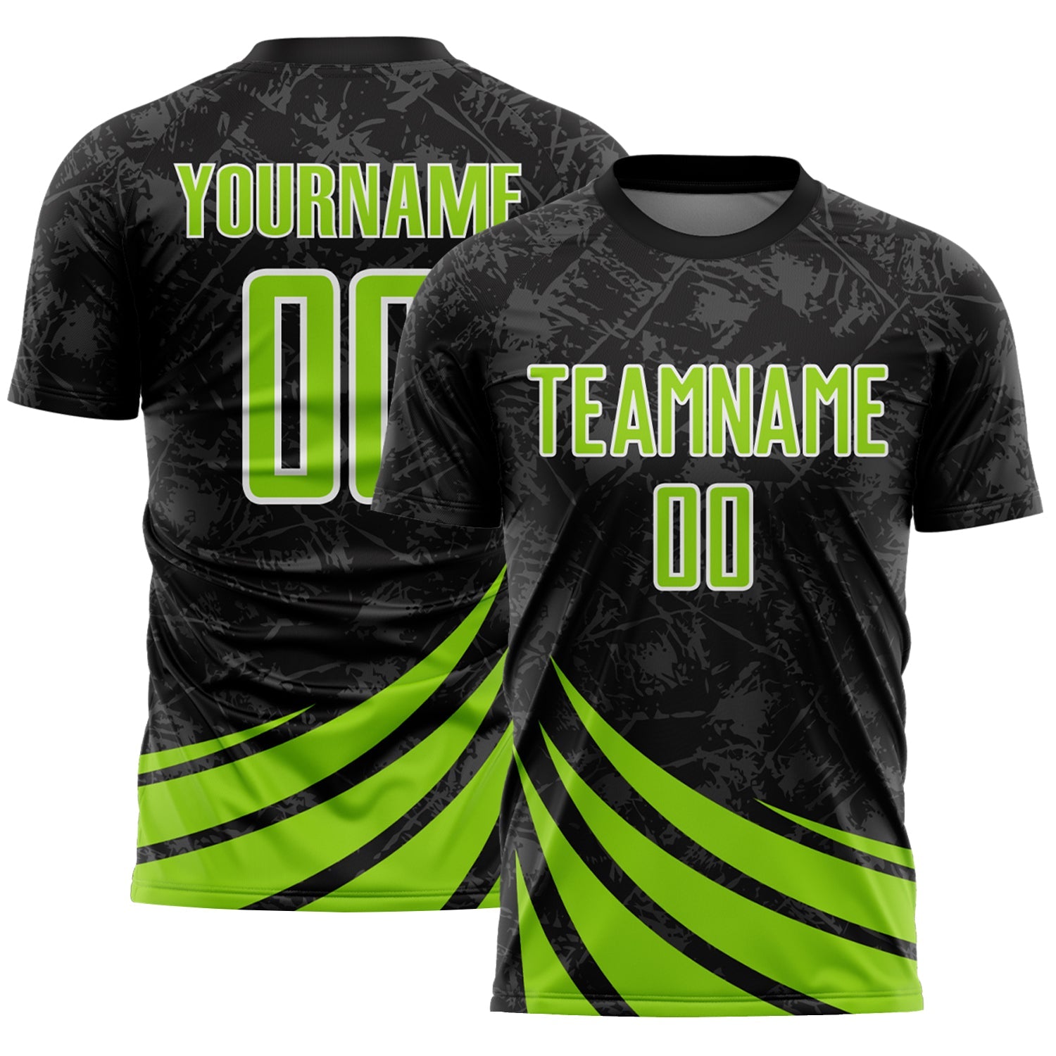 Custom Black Neon Green-White Distressed Diagonal Stripes Wind Shapes Sports Sublimation Soccer Uniform Jersey - Main View