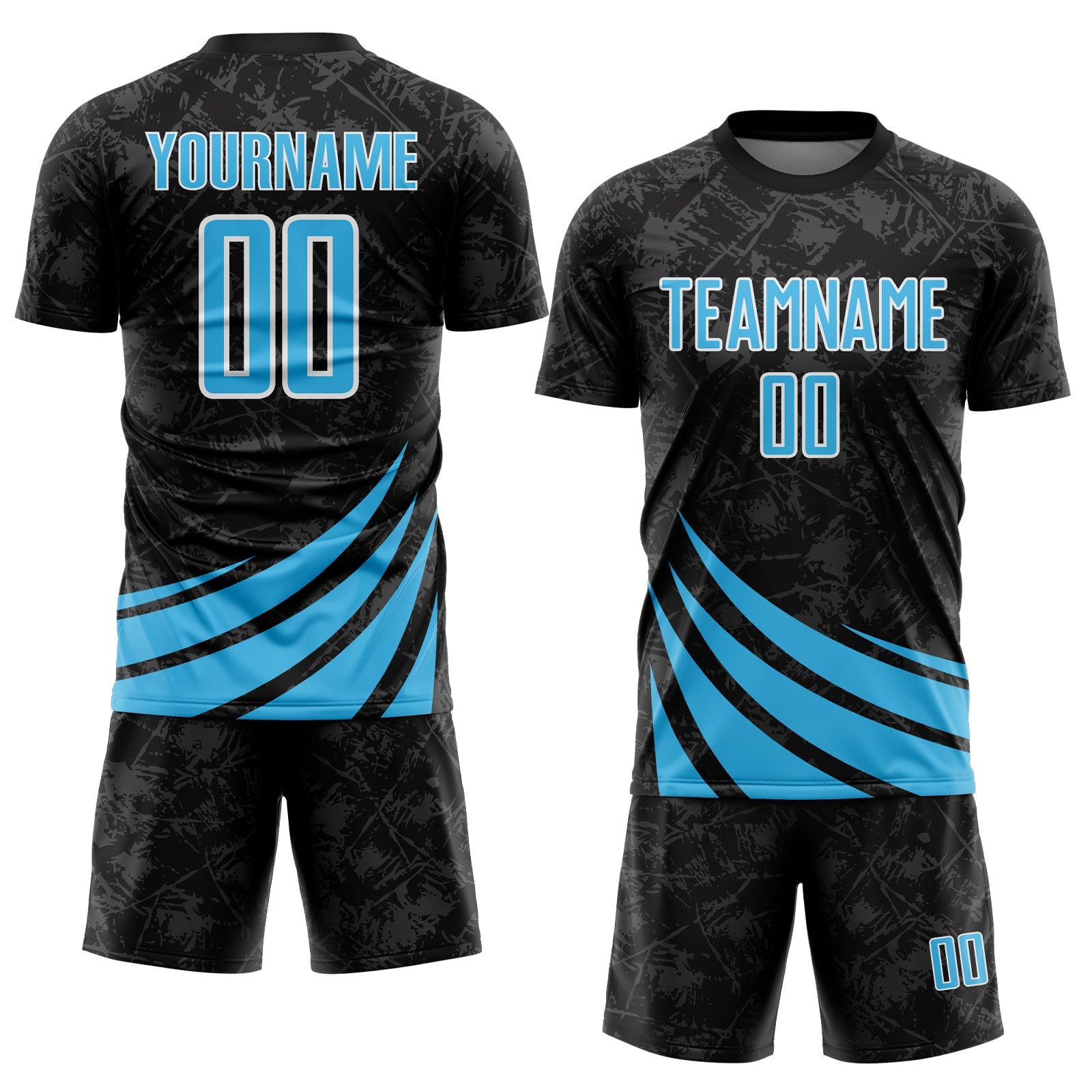 Custom Black Sky Blue-White Distressed Diagonal Stripes Wind Shapes Sports Sublimation Soccer Uniform Jersey view 2