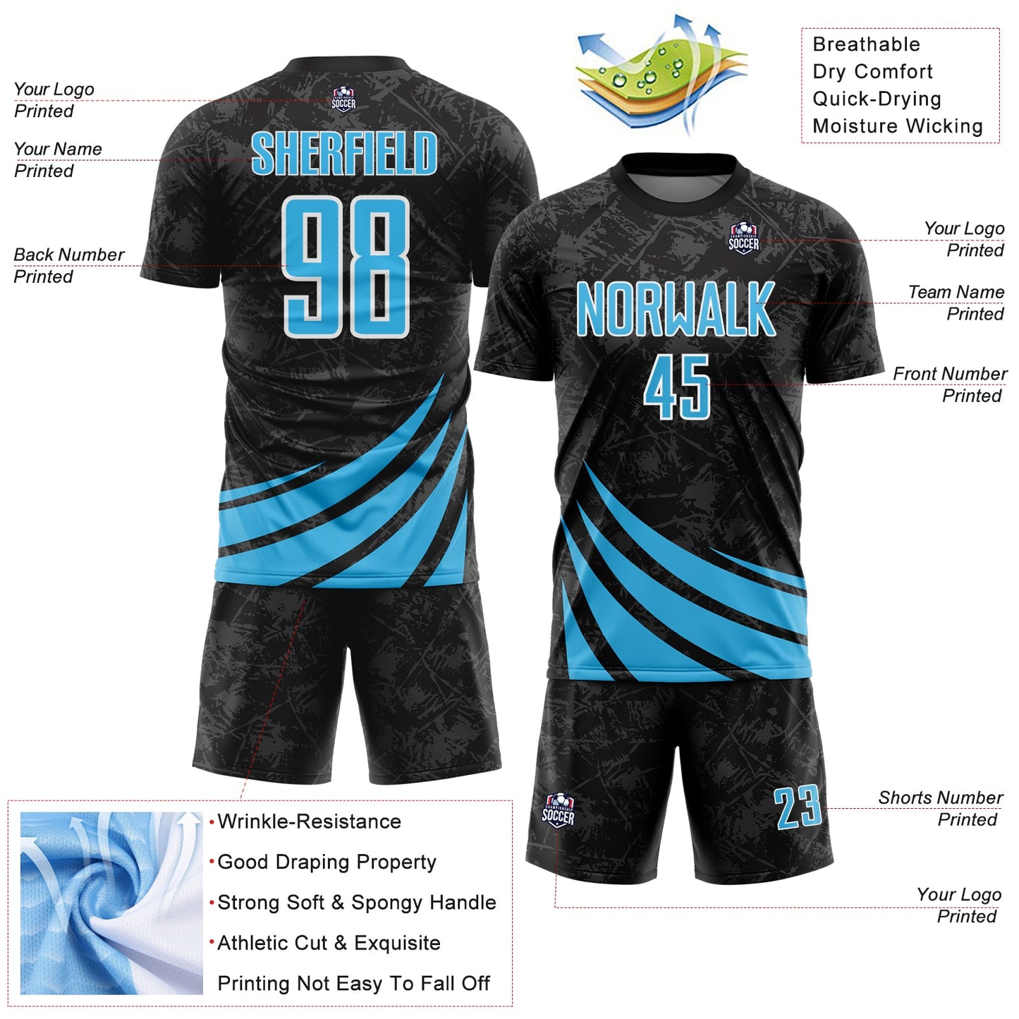 Custom Black Sky Blue-White Distressed Diagonal Stripes Wind Shapes Sports Sublimation Soccer Uniform Jersey view 4