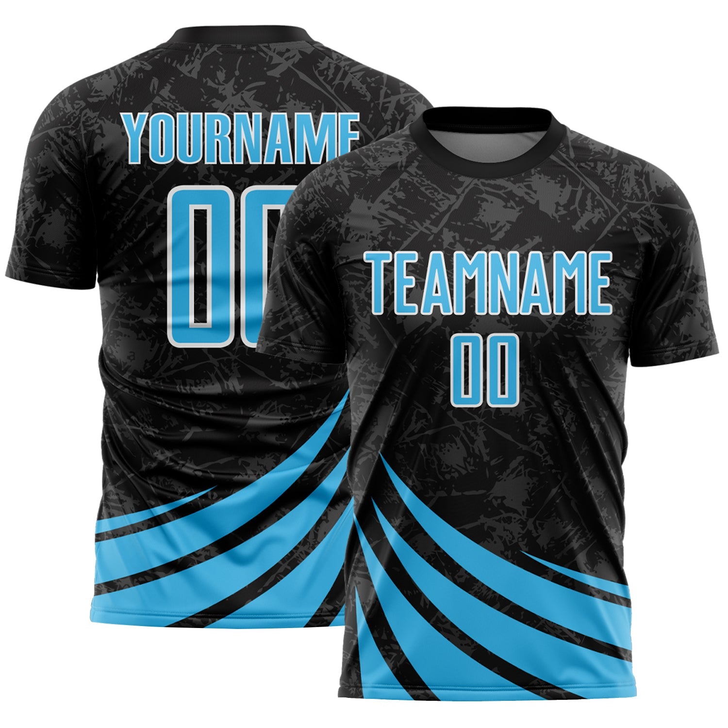 Custom Black Sky Blue-White Distressed Diagonal Stripes Wind Shapes Sports Sublimation Soccer Uniform Jersey - Main View