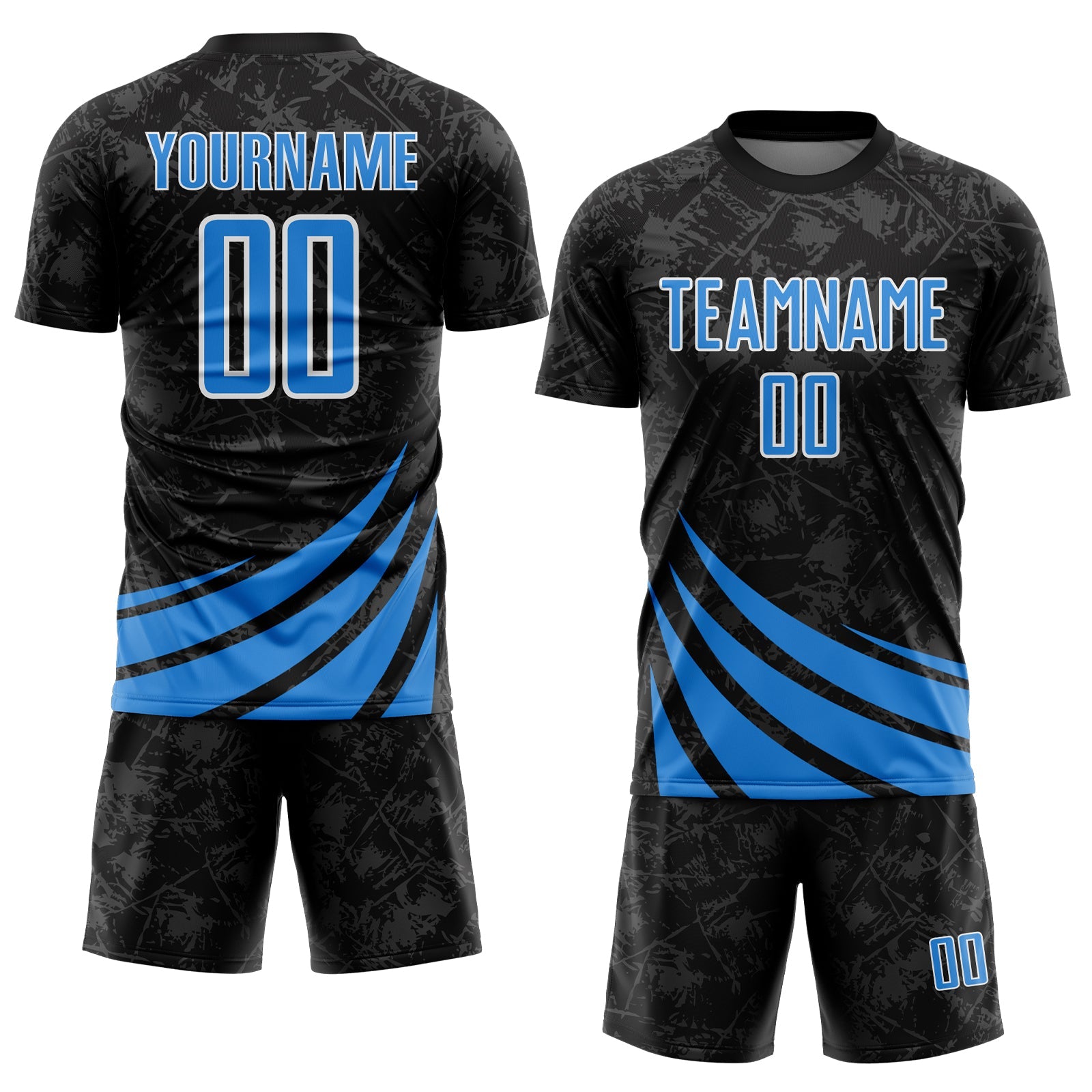 Custom Black Powder Blue-White Distressed Diagonal Stripes Wind Shapes Sports Sublimation Soccer Uniform Jersey view 2