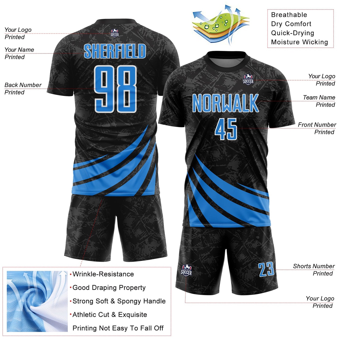 Custom Black Powder Blue-White Distressed Diagonal Stripes Wind Shapes Sports Sublimation Soccer Uniform Jersey view 4
