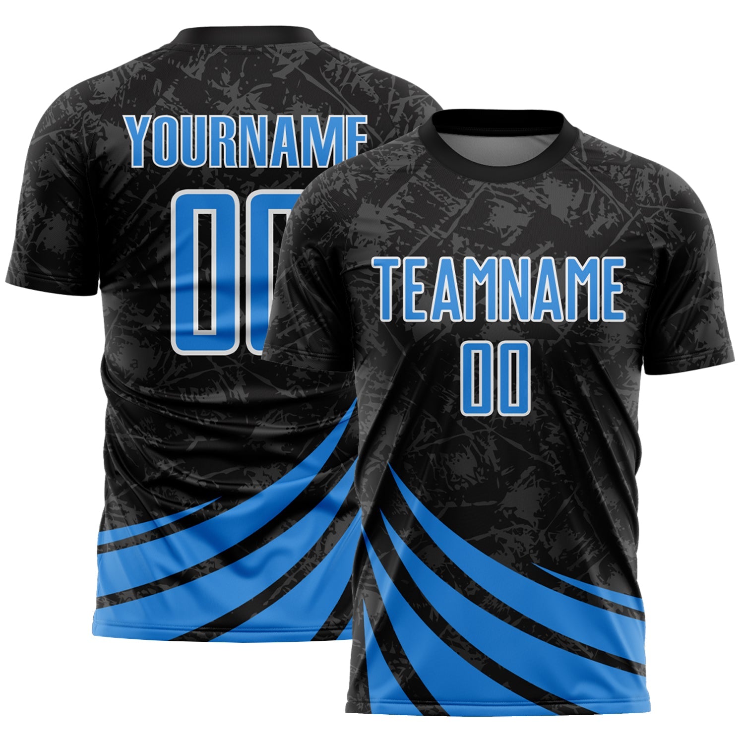 Custom Black Powder Blue-White Distressed Diagonal Stripes Wind Shapes Sports Sublimation Soccer Uniform Jersey - Main View