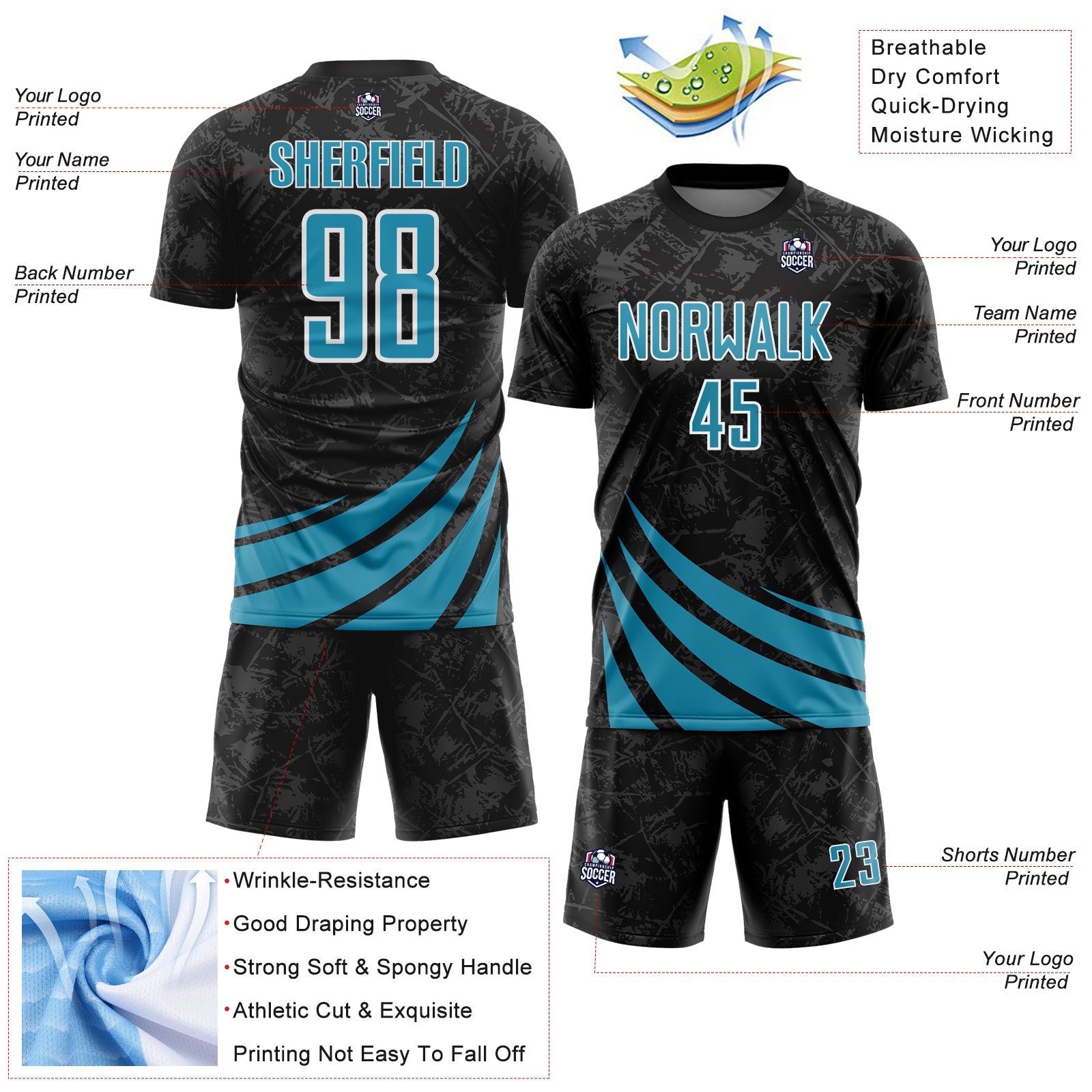 Custom Black Panther Blue-White Distressed Diagonal Stripes Wind Shapes Sports Sublimation Soccer Uniform Jersey view 4