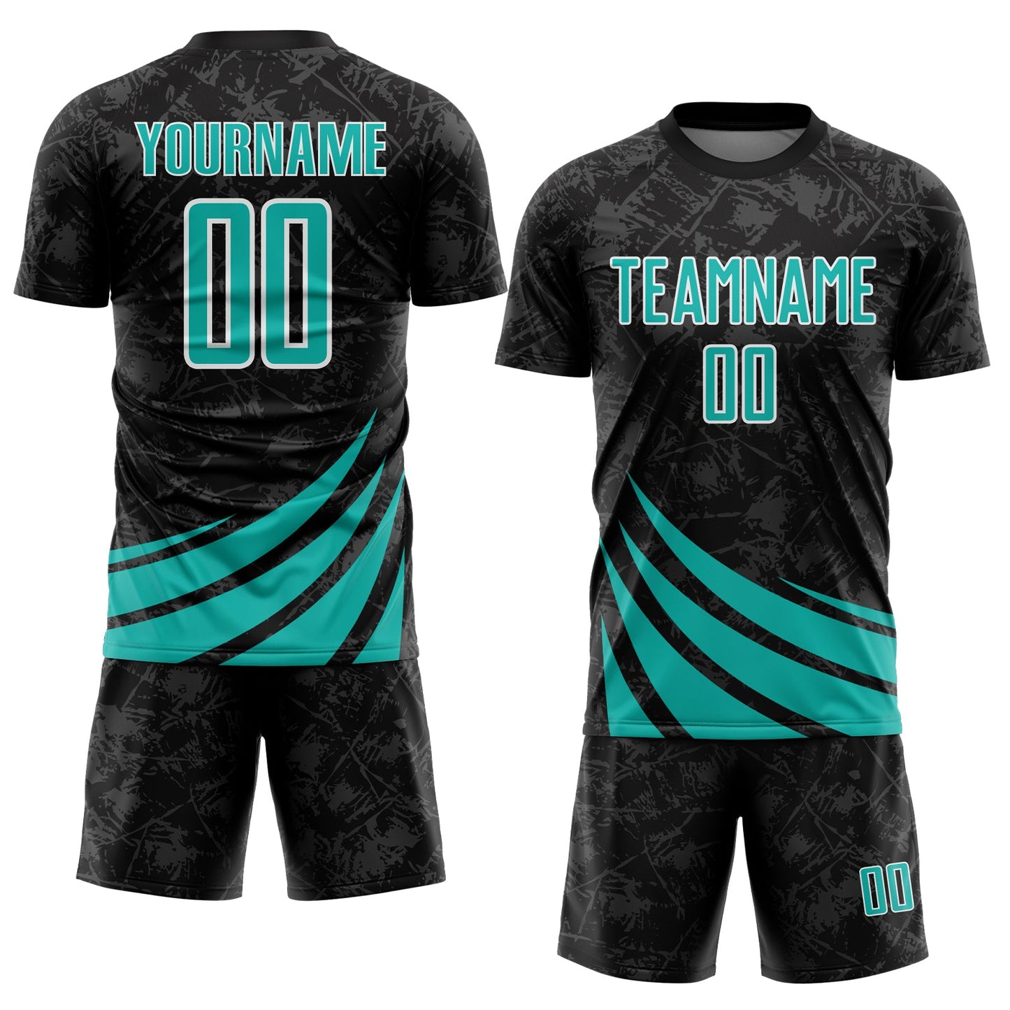 Custom Black Aqua-White Distressed Diagonal Stripes Wind Shapes Sports Sublimation Soccer Uniform Jersey view 2