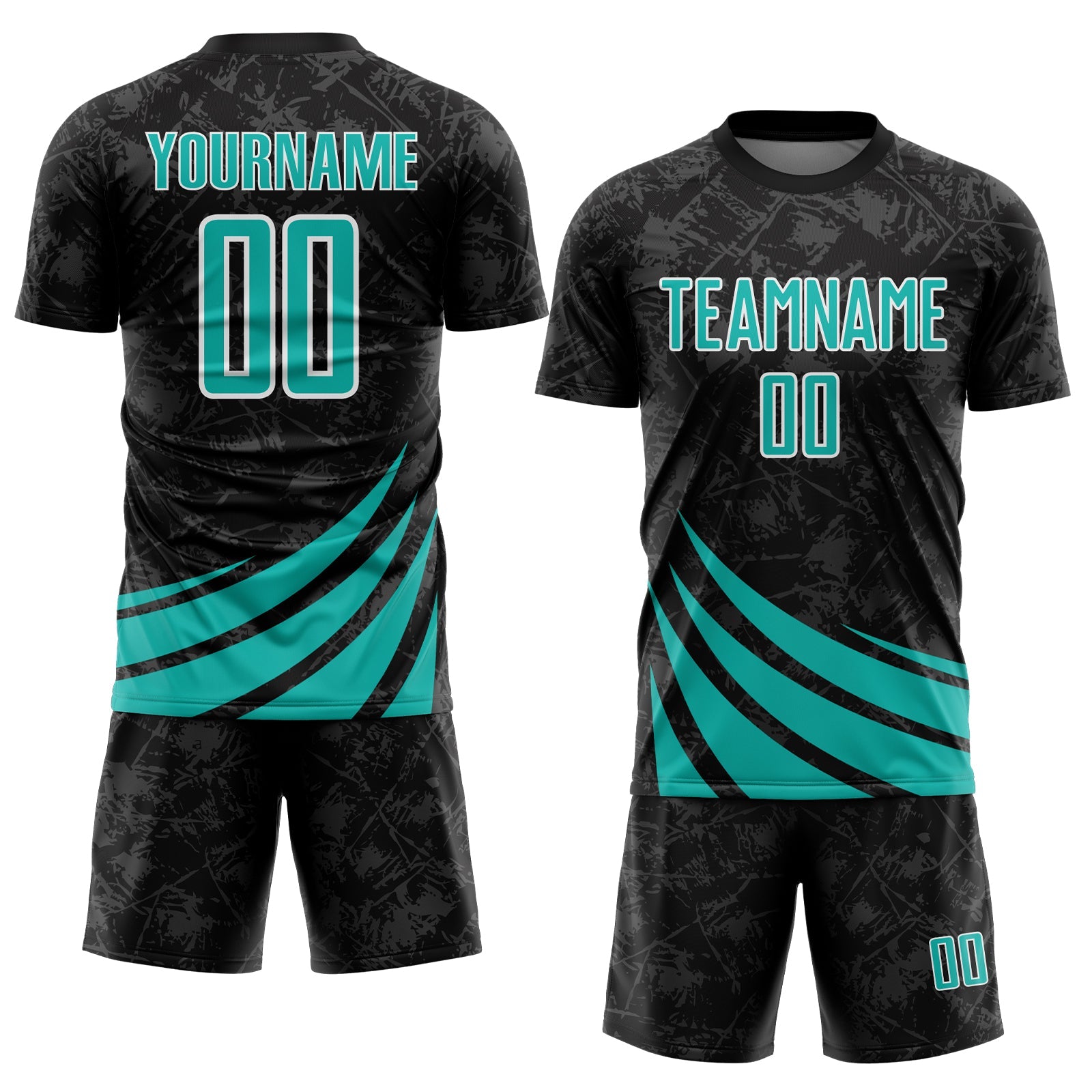 Custom Black Aqua-White Distressed Diagonal Stripes Wind Shapes Sports Sublimation Soccer Uniform Jersey view 2
