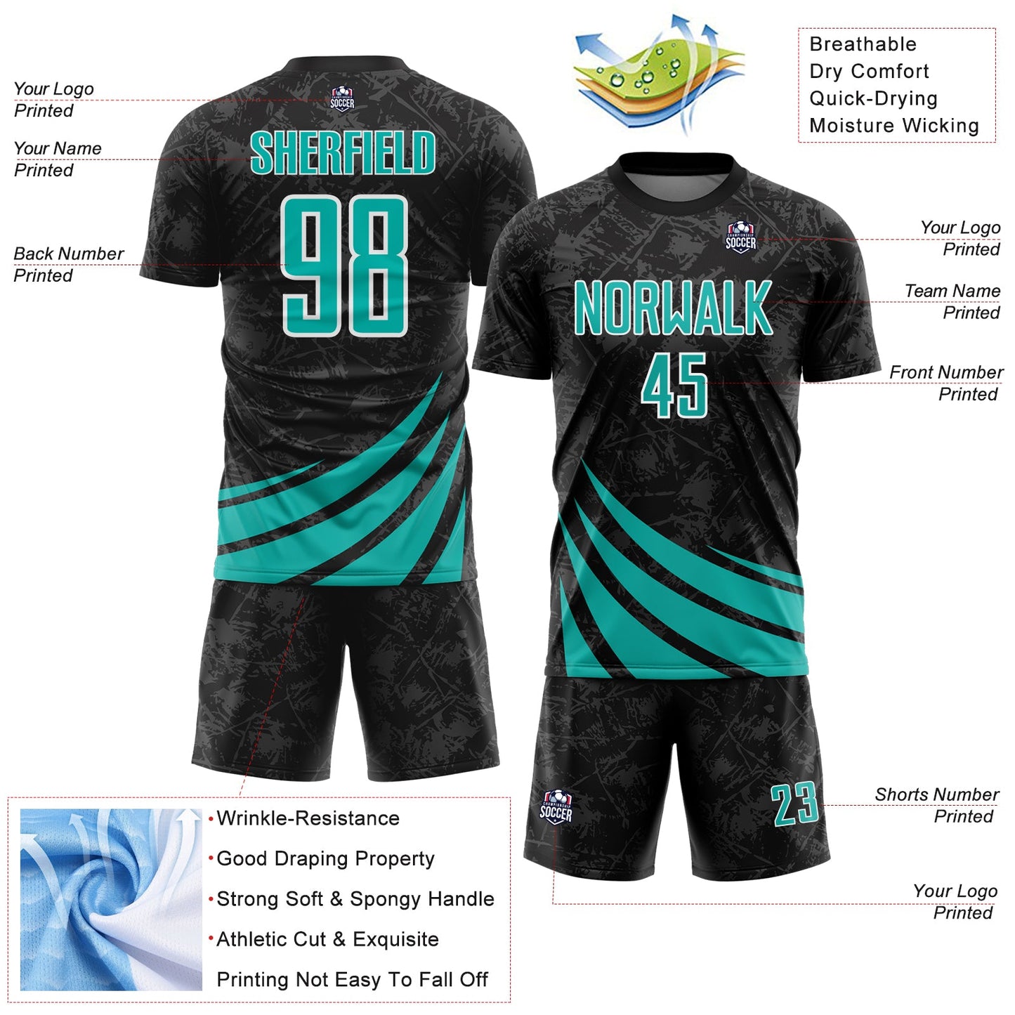 Custom Black Aqua-White Distressed Diagonal Stripes Wind Shapes Sports Sublimation Soccer Uniform Jersey view 4