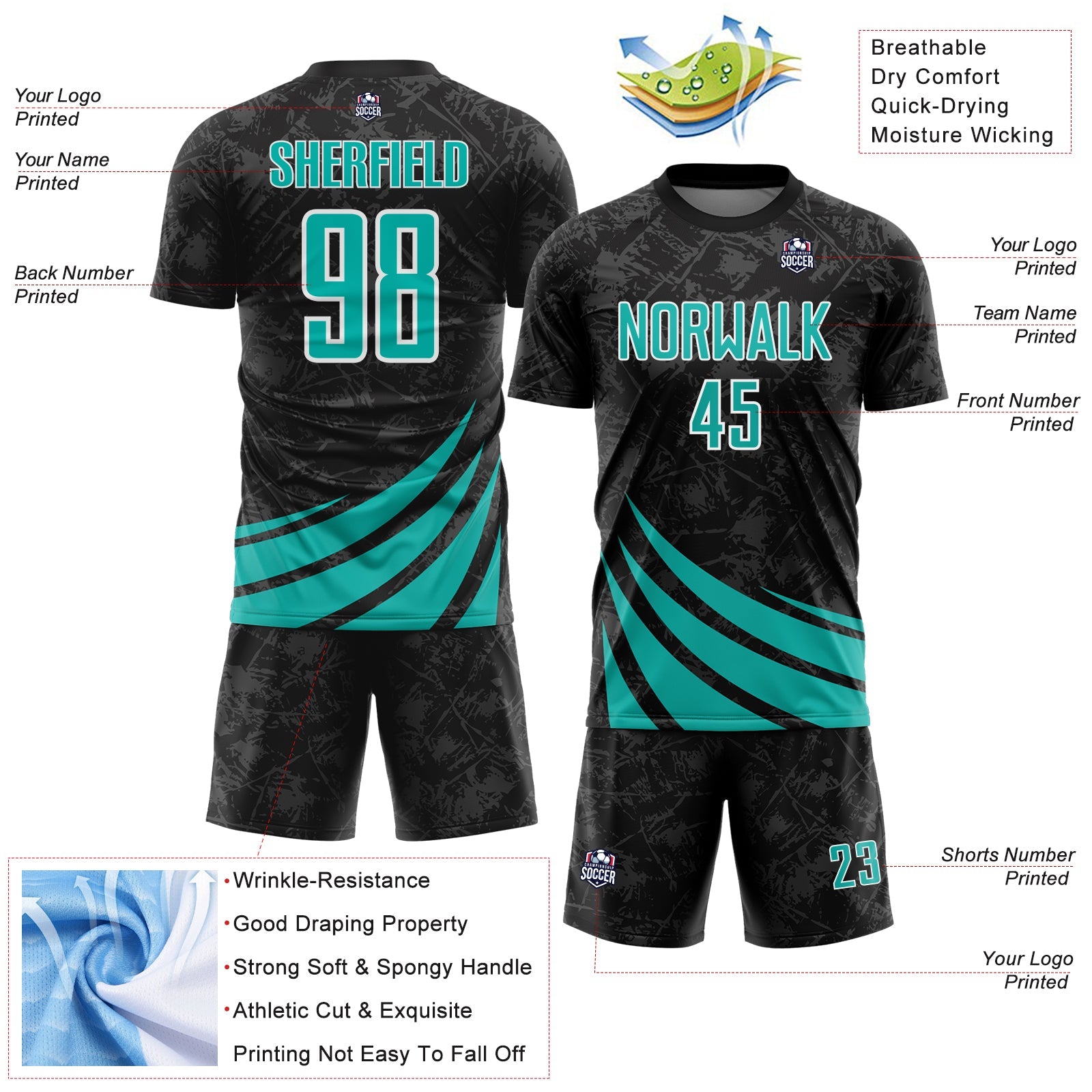 Custom Black Aqua-White Distressed Diagonal Stripes Wind Shapes Sports Sublimation Soccer Uniform Jersey view 4