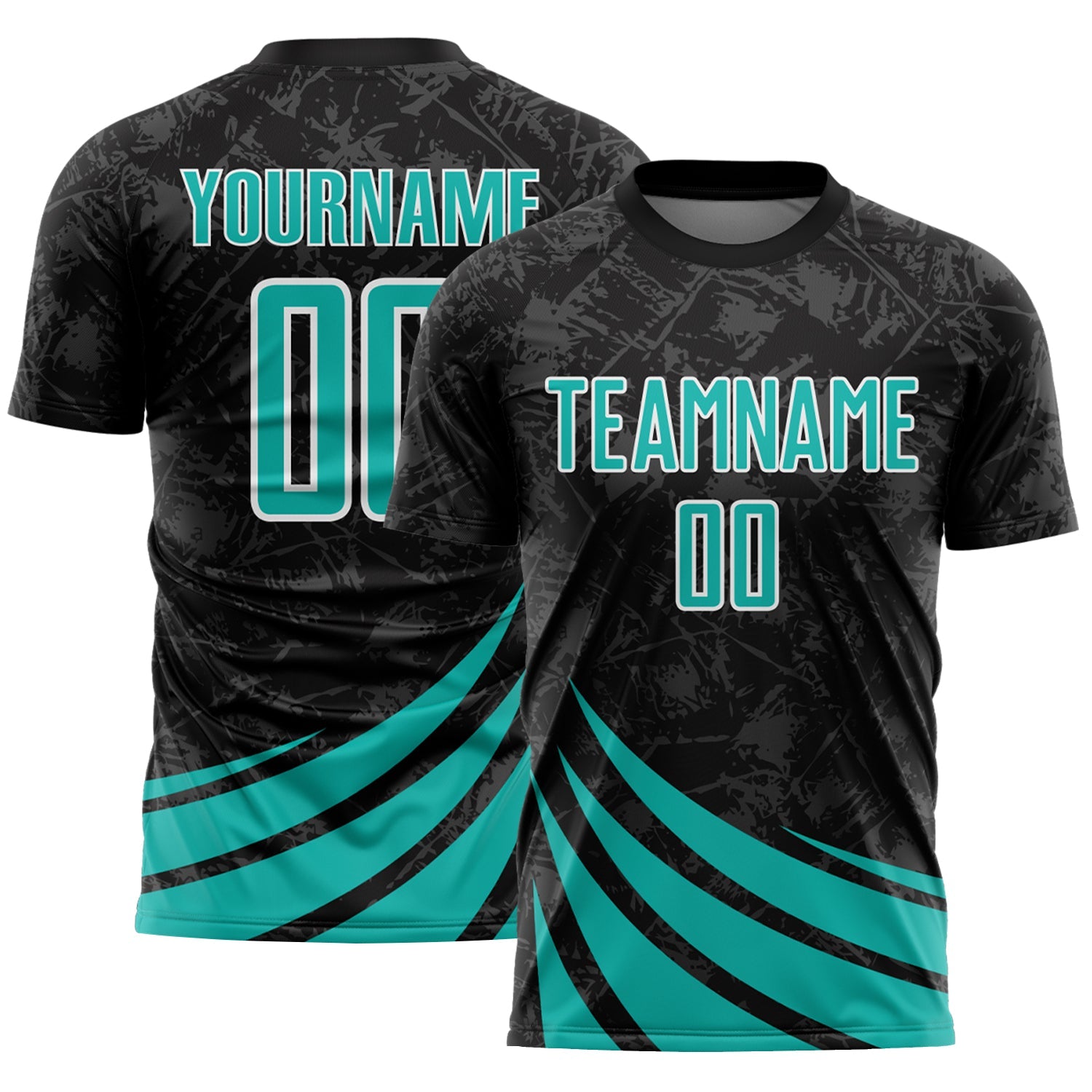 Custom Black Aqua-White Distressed Diagonal Stripes Wind Shapes Sports Sublimation Soccer Uniform Jersey - Main View