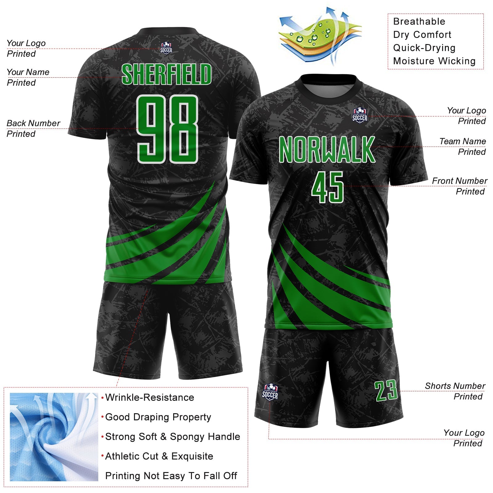 Custom Black Grass Green-White Distressed Diagonal Stripes Wind Shapes Sports Sublimation Soccer Uniform Jersey view 4