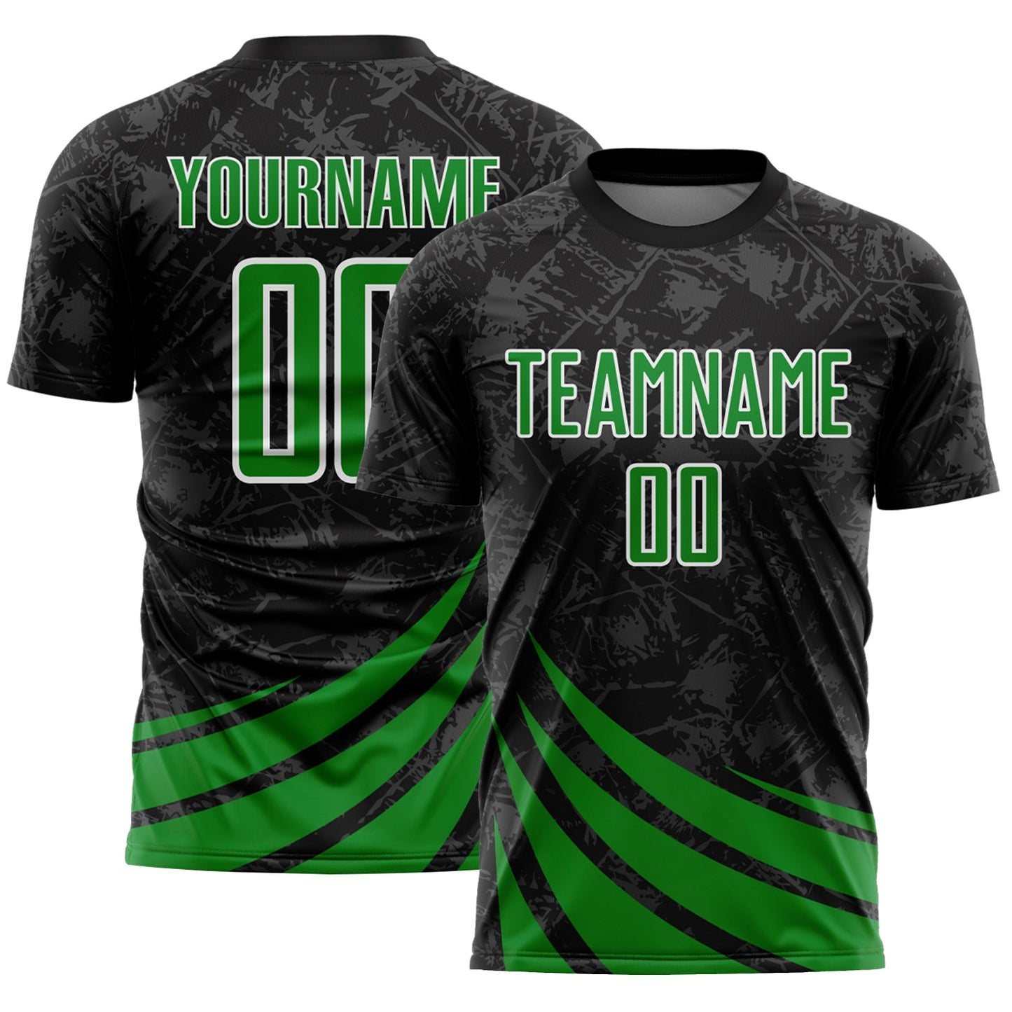 Custom Black Grass Green-White Distressed Diagonal Stripes Wind Shapes Sports Sublimation Soccer Uniform Jersey - Main View