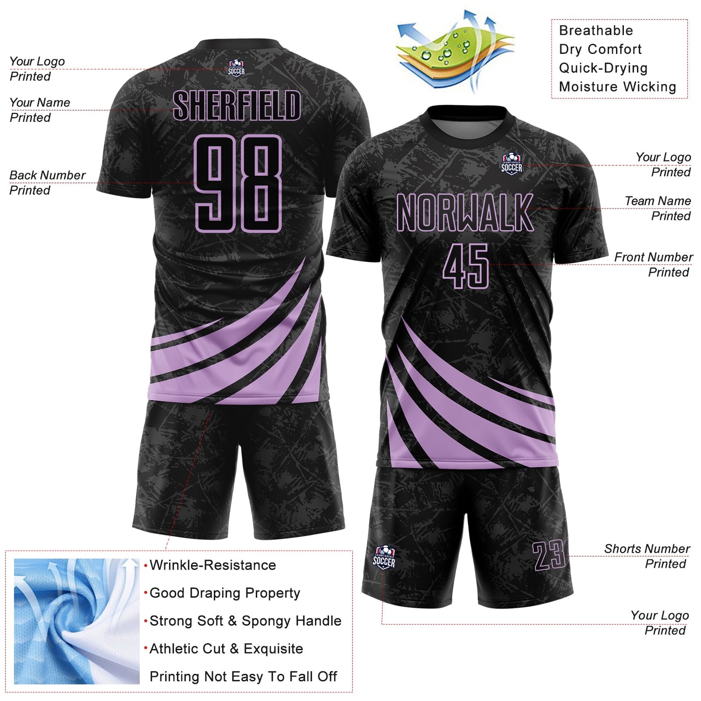 Custom Black Light Purple Distressed Diagonal Stripes Wind Shapes Sports Sublimation Soccer Uniform Jersey view 4