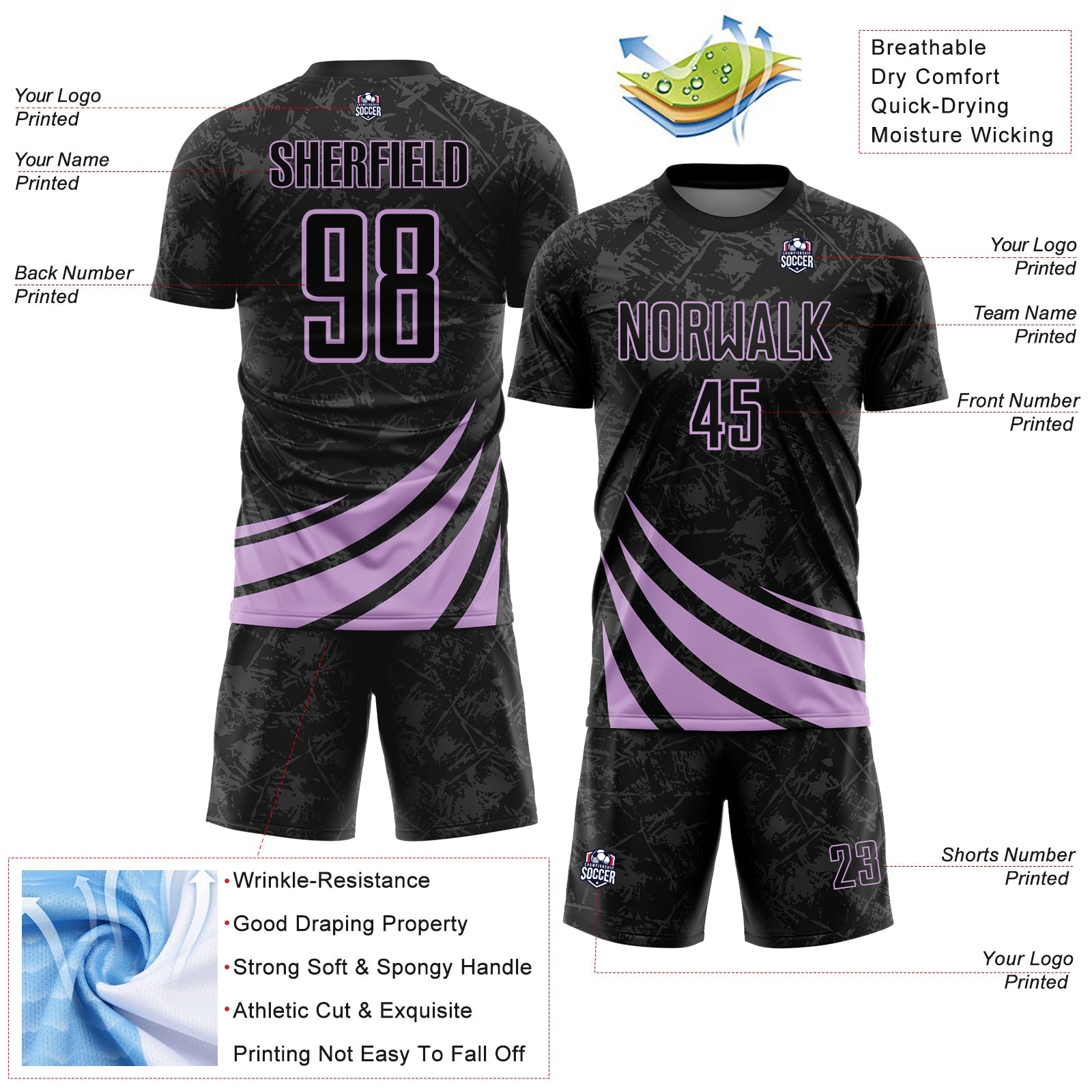 Custom Black Light Purple Distressed Diagonal Stripes Wind Shapes Sports Sublimation Soccer Uniform Jersey view 4