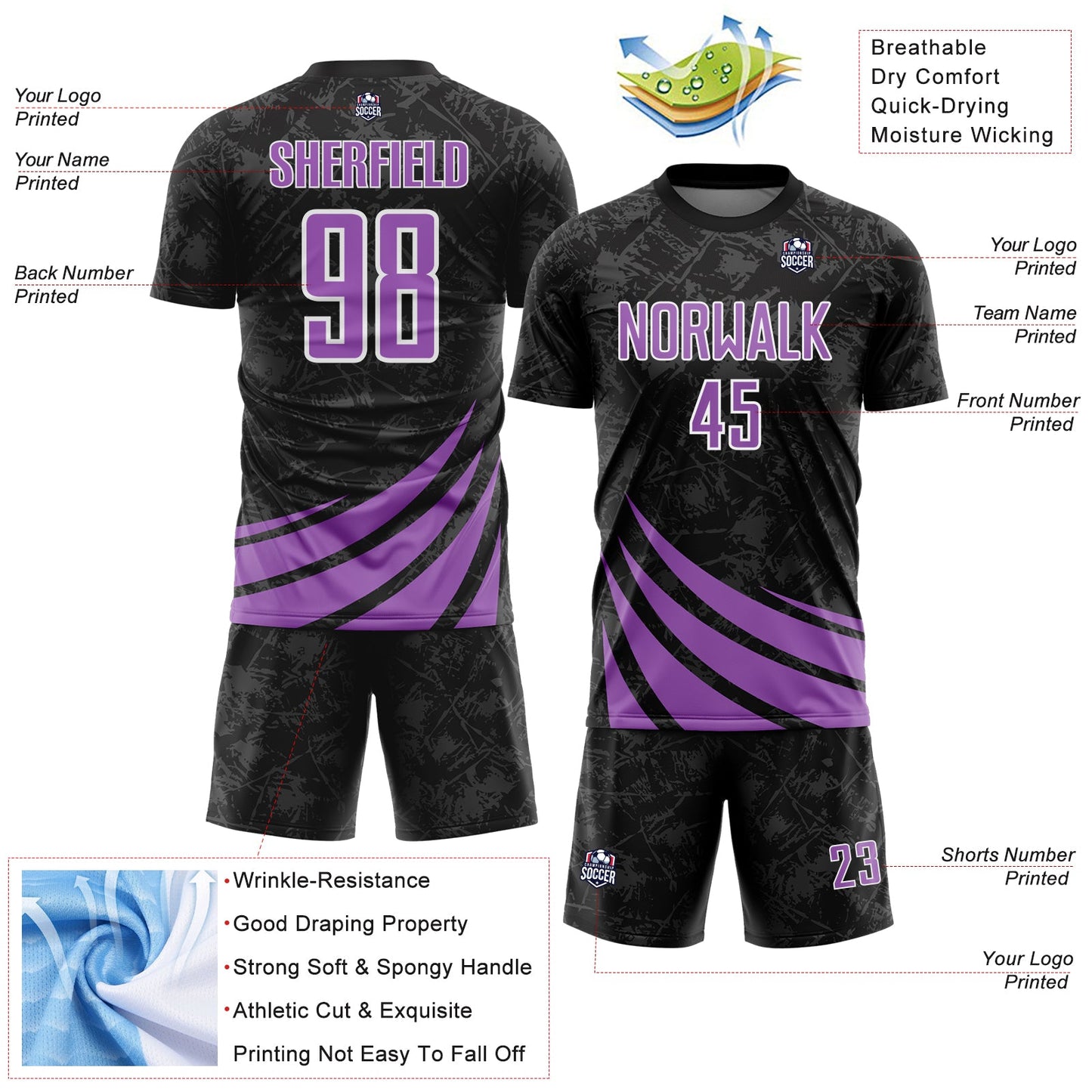 Custom Black Medium Purple-White Distressed Diagonal Stripes Wind Shapes Sports Sublimation Soccer Uniform Jersey view 4