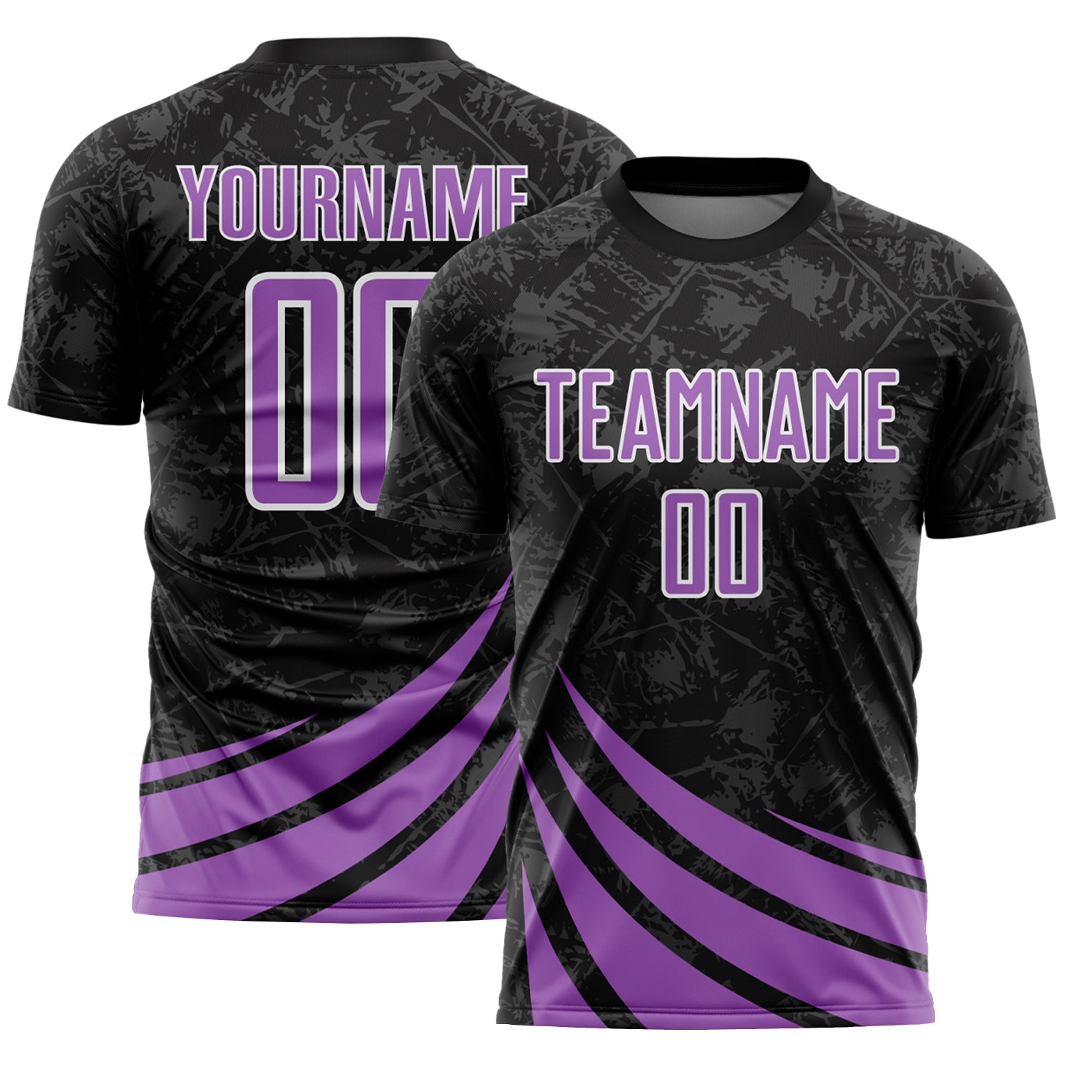 Custom Black Medium Purple-White Distressed Diagonal Stripes Wind Shapes Sports Sublimation Soccer Uniform Jersey - Main View