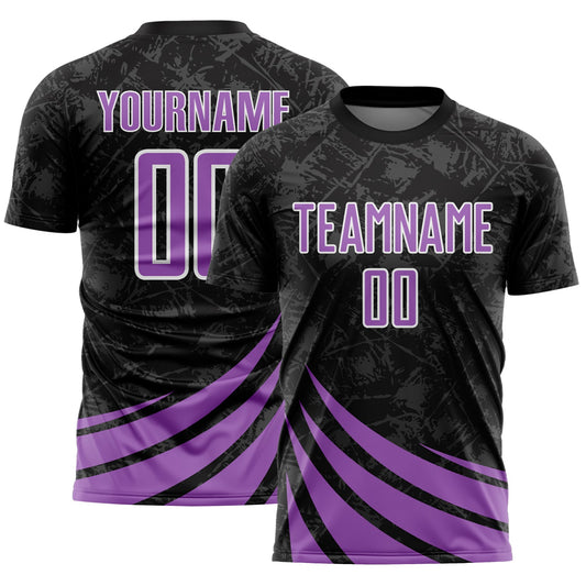 Custom Black Medium Purple-White Distressed Diagonal Stripes Wind Shapes Sports Sublimation Soccer Uniform Jersey - Main View