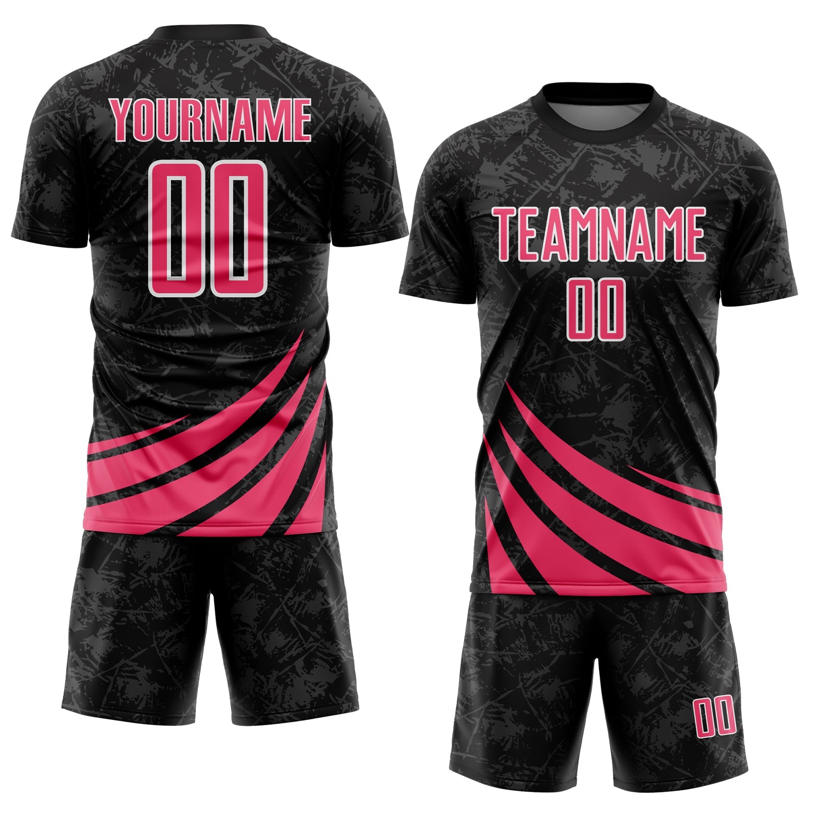 Custom Black Neon Pink-White Distressed Diagonal Stripes Wind Shapes Sports Sublimation Soccer Uniform Jersey view 2