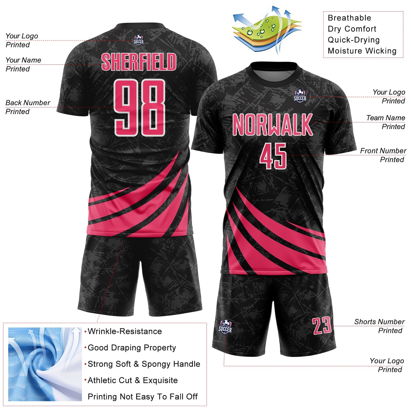 Custom Black Neon Pink-White Distressed Diagonal Stripes Wind Shapes Sports Sublimation Soccer Uniform Jersey view 4