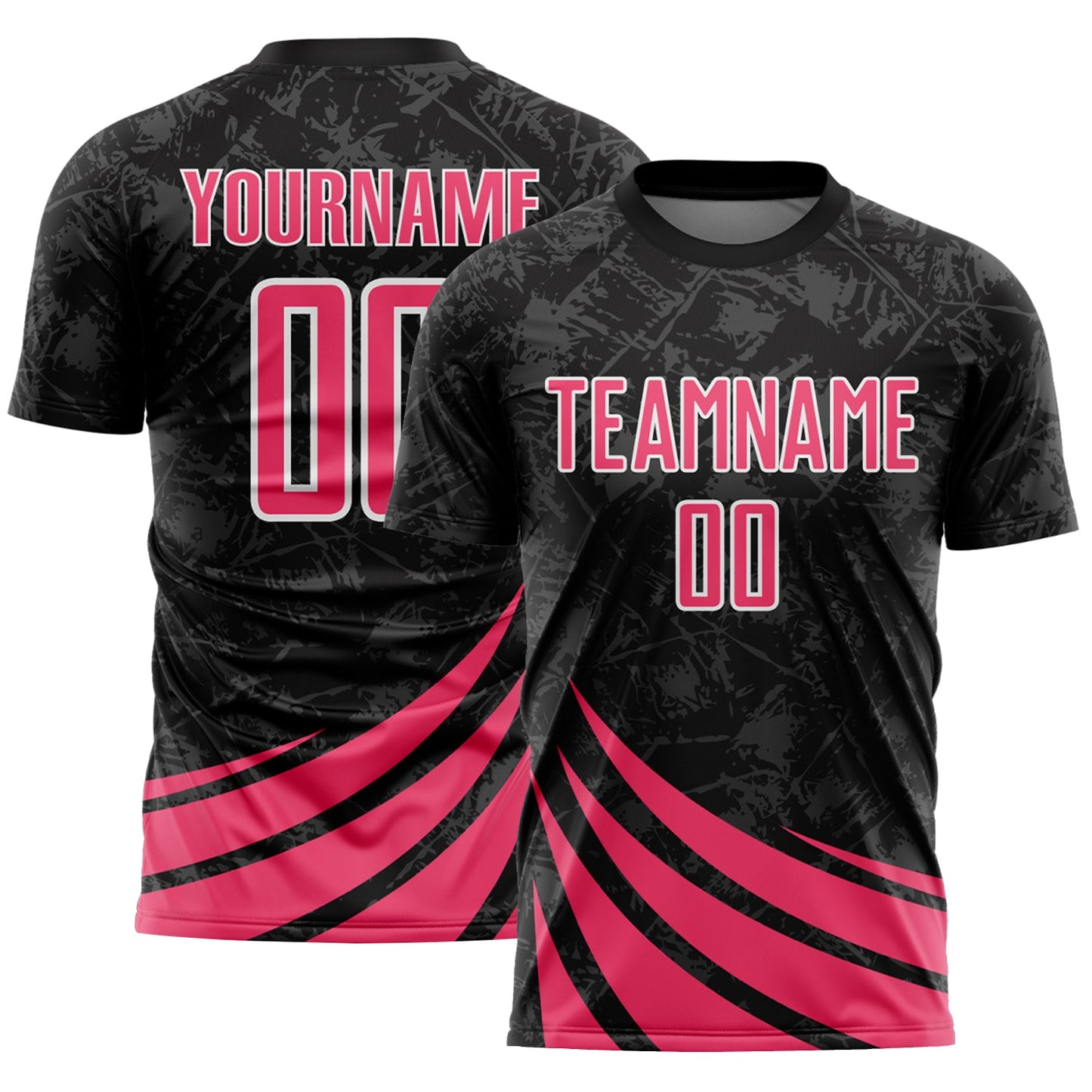 Custom Black Neon Pink-White Distressed Diagonal Stripes Wind Shapes Sports Sublimation Soccer Uniform Jersey - Main View