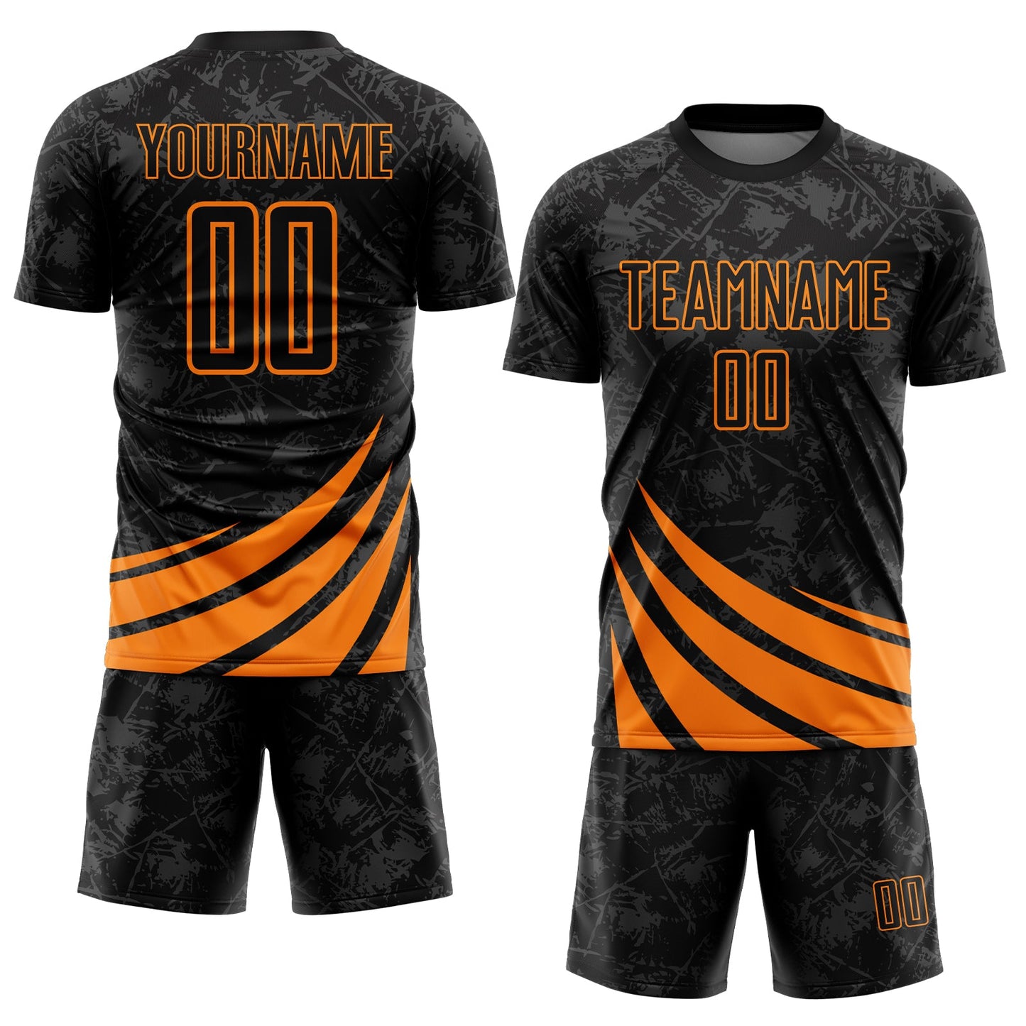 Custom Black Bay Orange Distressed Diagonal Stripes Wind Shapes Sports Sublimation Soccer Uniform Jersey view 2