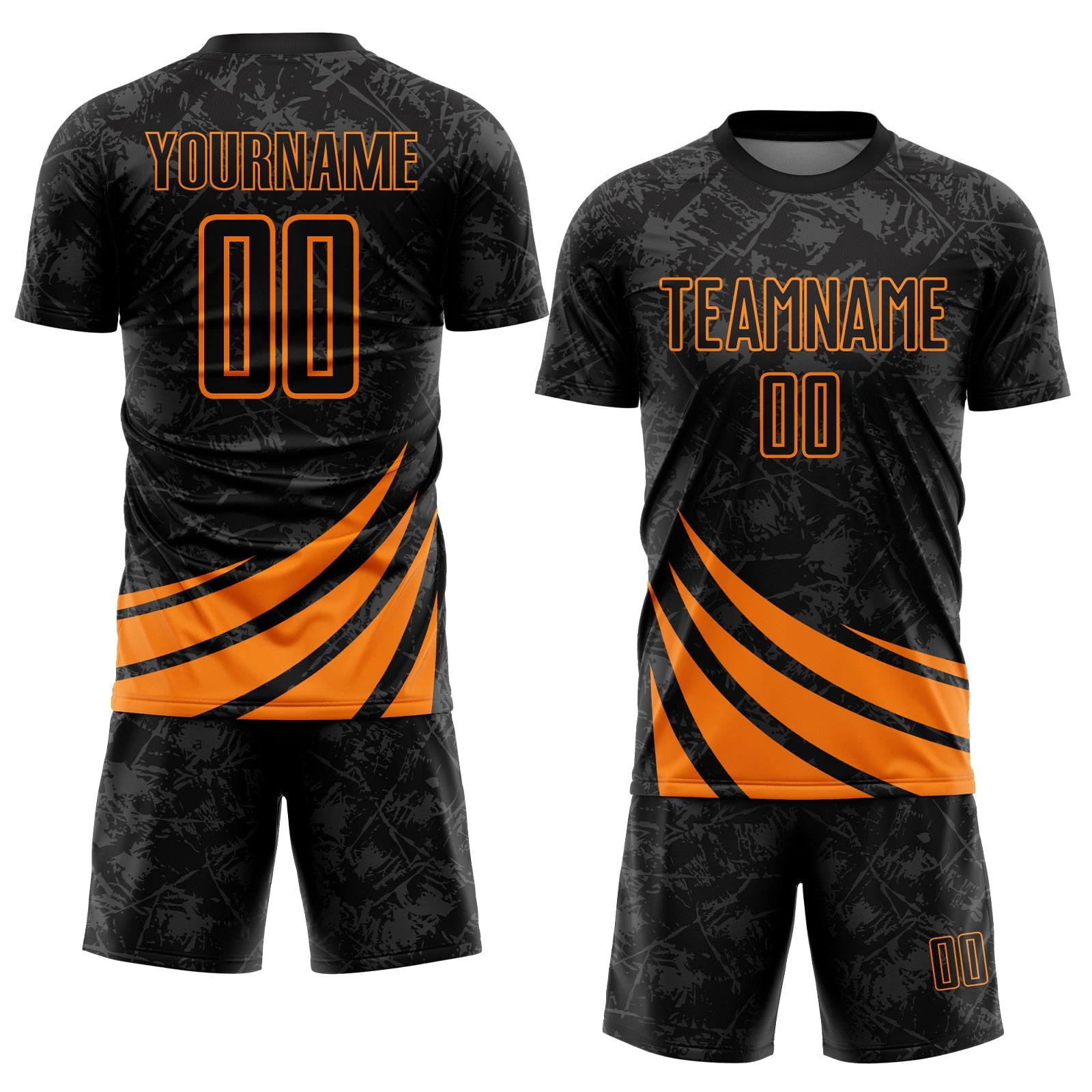 Custom Black Bay Orange Distressed Diagonal Stripes Wind Shapes Sports Sublimation Soccer Uniform Jersey view 2