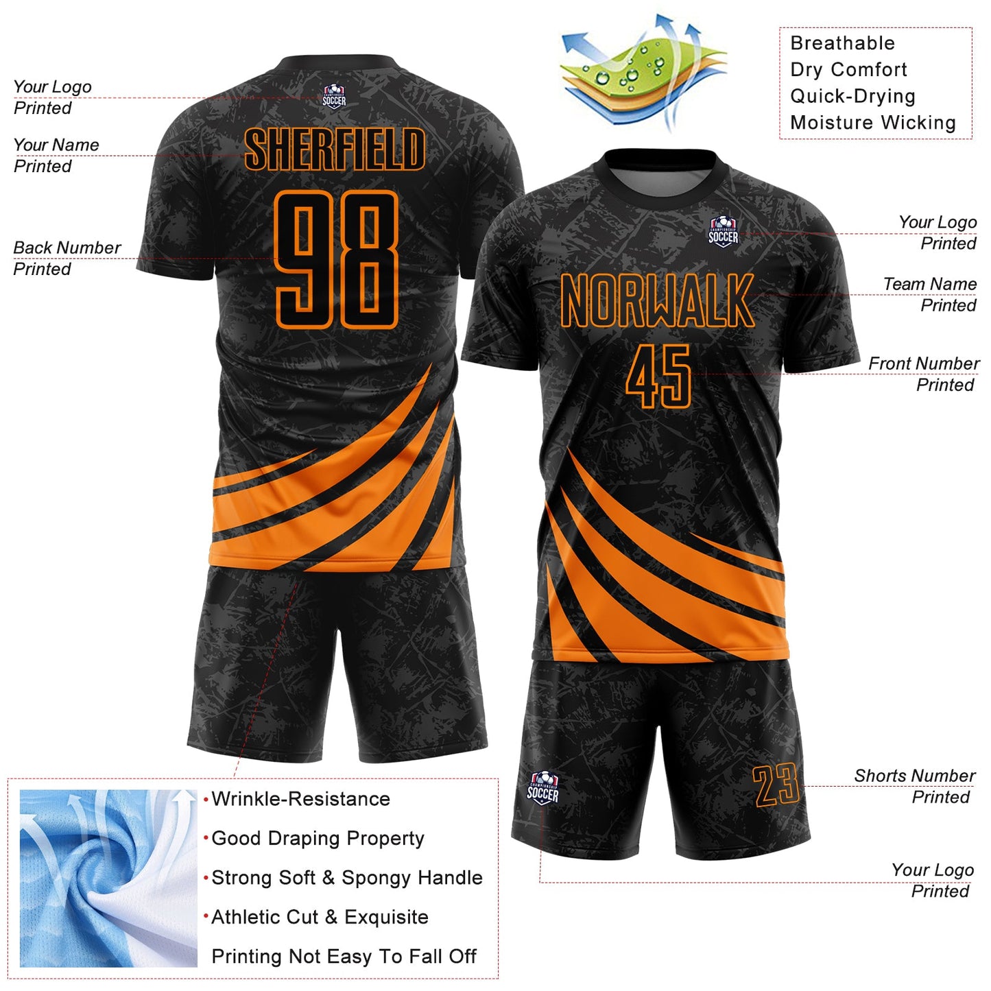Custom Black Bay Orange Distressed Diagonal Stripes Wind Shapes Sports Sublimation Soccer Uniform Jersey view 4
