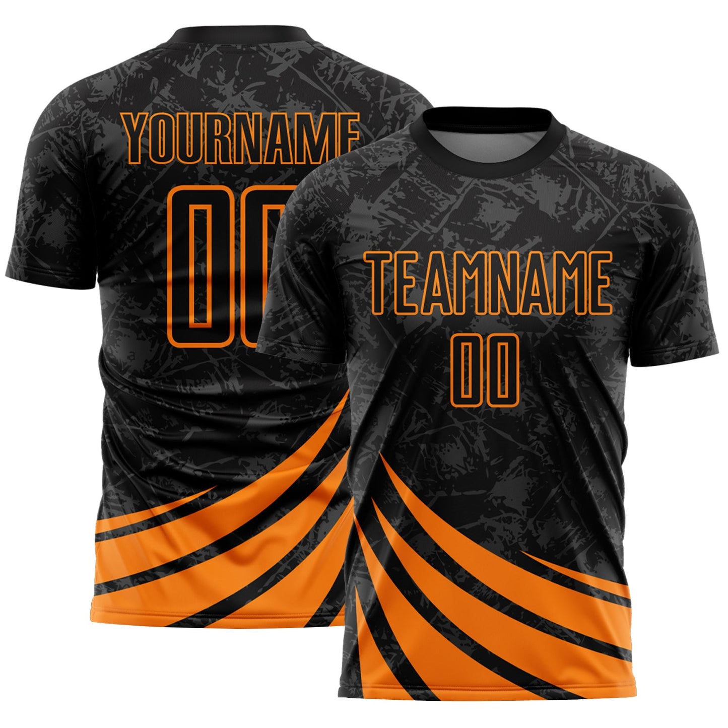 Custom Black Bay Orange Distressed Diagonal Stripes Wind Shapes Sports Sublimation Soccer Uniform Jersey - Main View