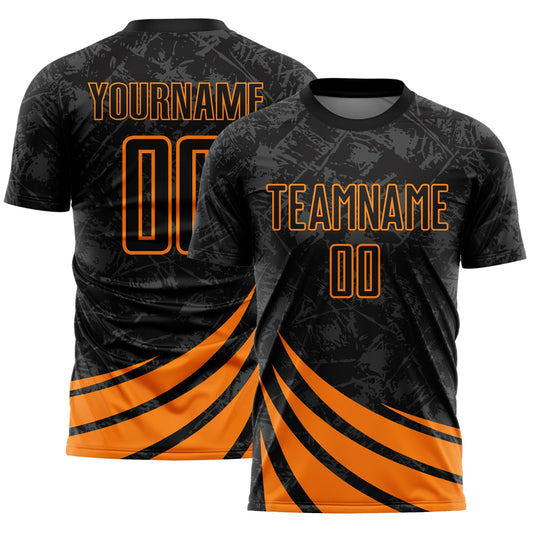 Custom Black Bay Orange Distressed Diagonal Stripes Wind Shapes Sports Sublimation Soccer Uniform Jersey - Main View