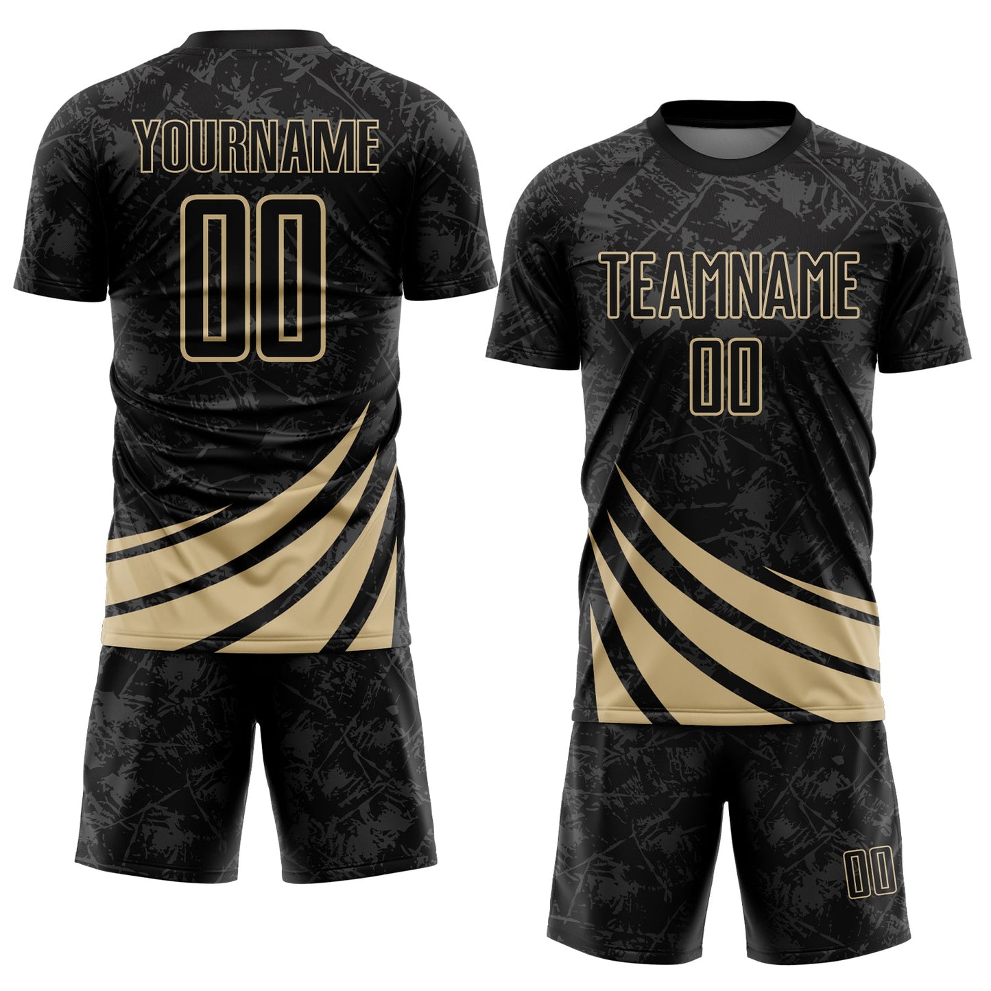 Custom Black Vegas Gold Distressed Diagonal Stripes Wind Shapes Sports Sublimation Soccer Uniform Jersey view 2