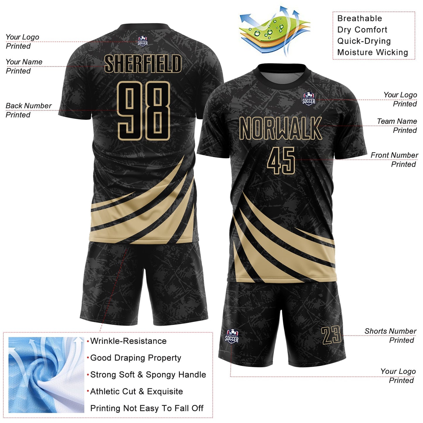 Custom Black Vegas Gold Distressed Diagonal Stripes Wind Shapes Sports Sublimation Soccer Uniform Jersey view 4