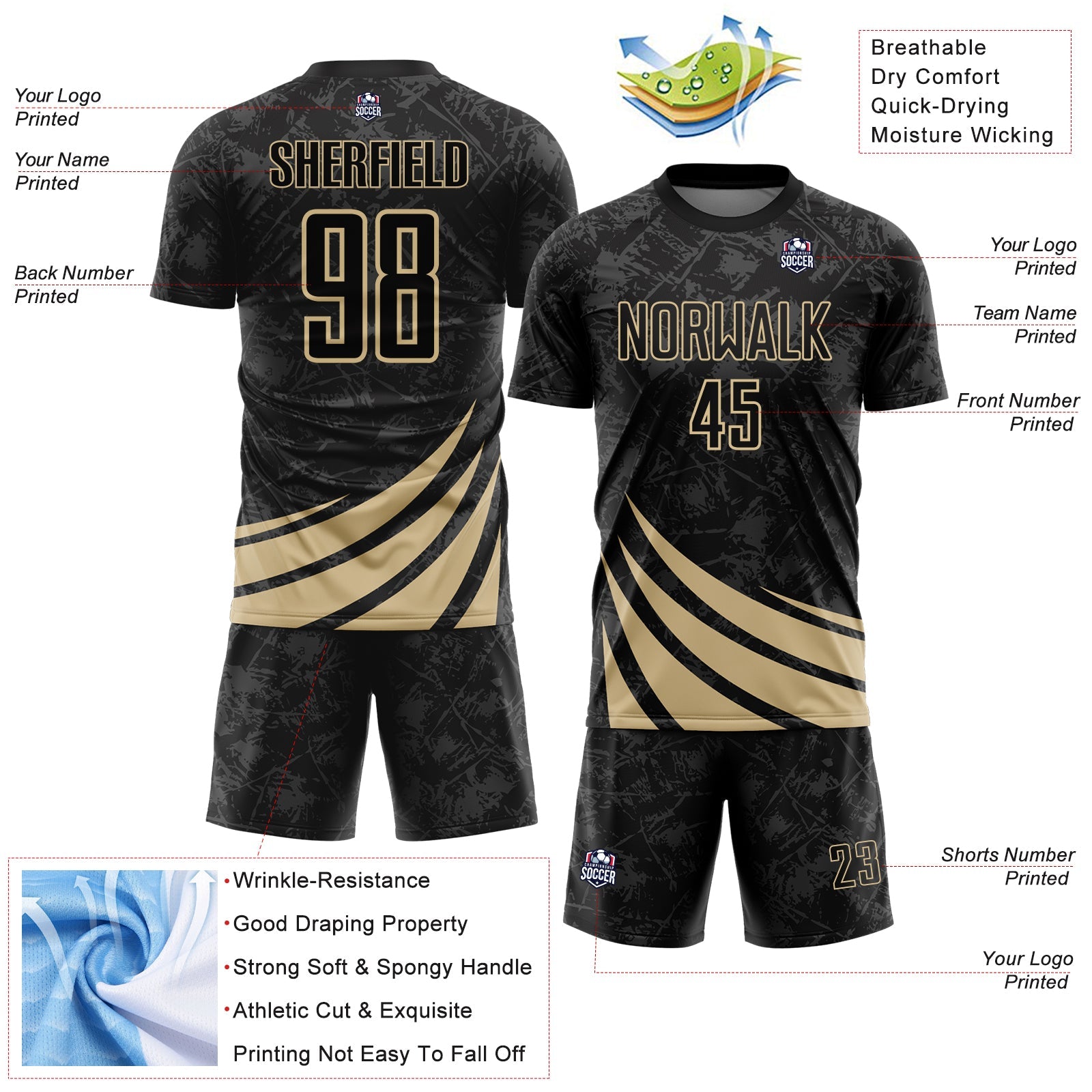 Custom Black Vegas Gold Distressed Diagonal Stripes Wind Shapes Sports Sublimation Soccer Uniform Jersey view 4