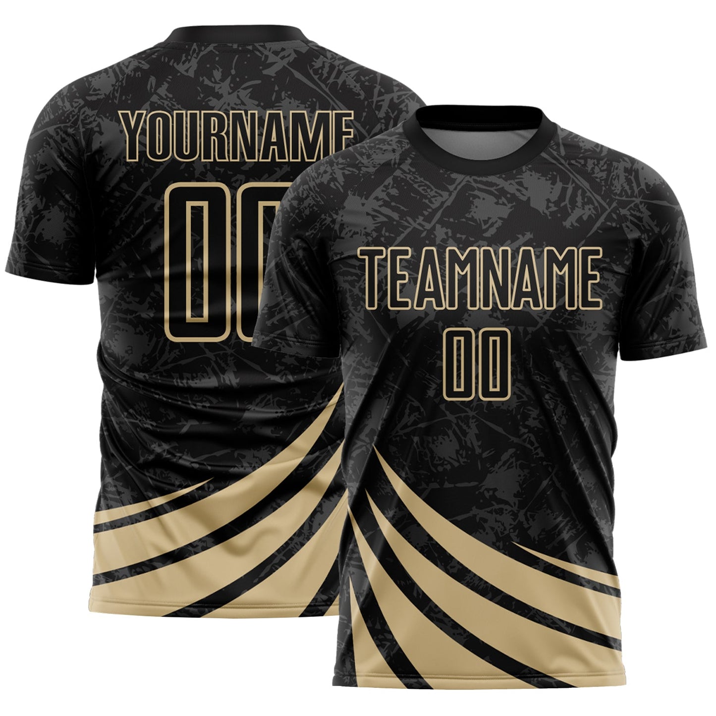 Custom Black Vegas Gold Distressed Diagonal Stripes Wind Shapes Sports Sublimation Soccer Uniform Jersey - Main View