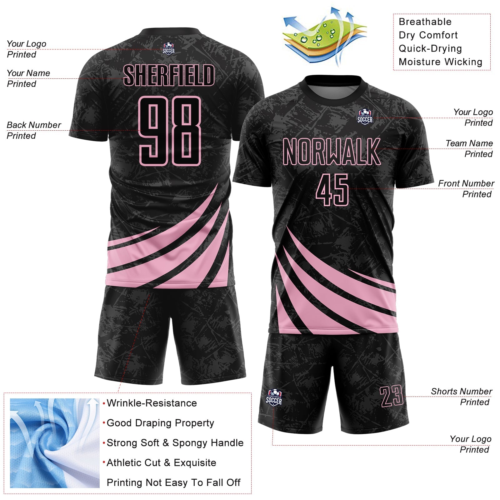 Custom Black Light Pink Distressed Diagonal Stripes Wind Shapes Sports Sublimation Soccer Uniform Jersey view 4