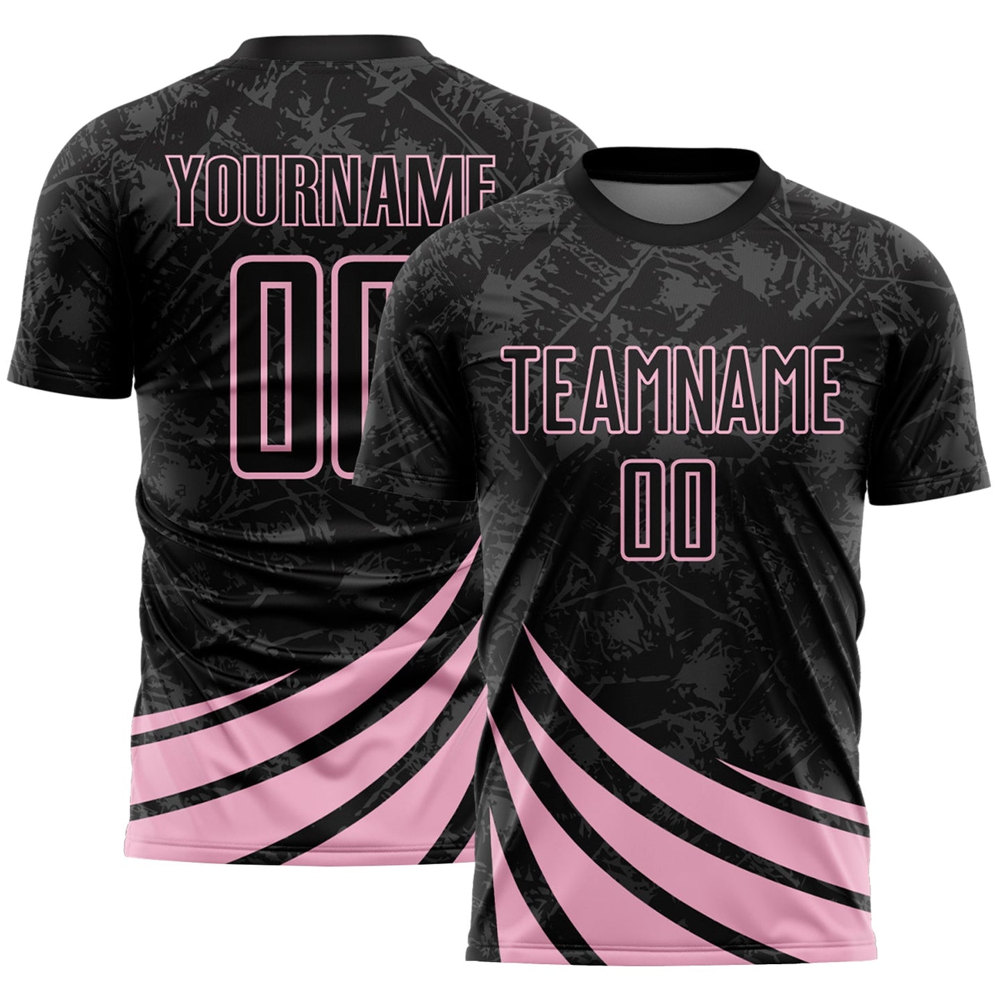 Custom Black Light Pink Distressed Diagonal Stripes Wind Shapes Sports Sublimation Soccer Uniform Jersey - Main View