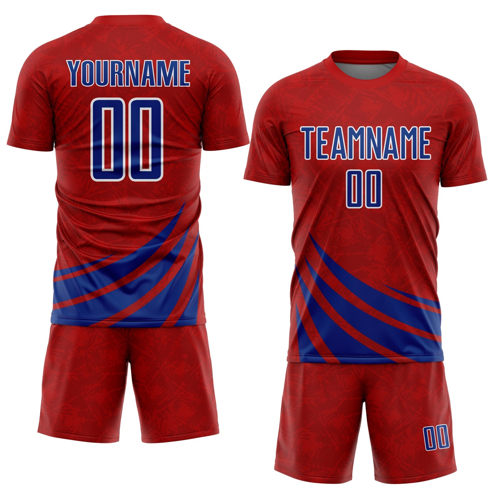 Custom Red Royal-White Distressed Diagonal Stripes Wind Shapes Sports Sublimation Soccer Uniform Jersey view 2