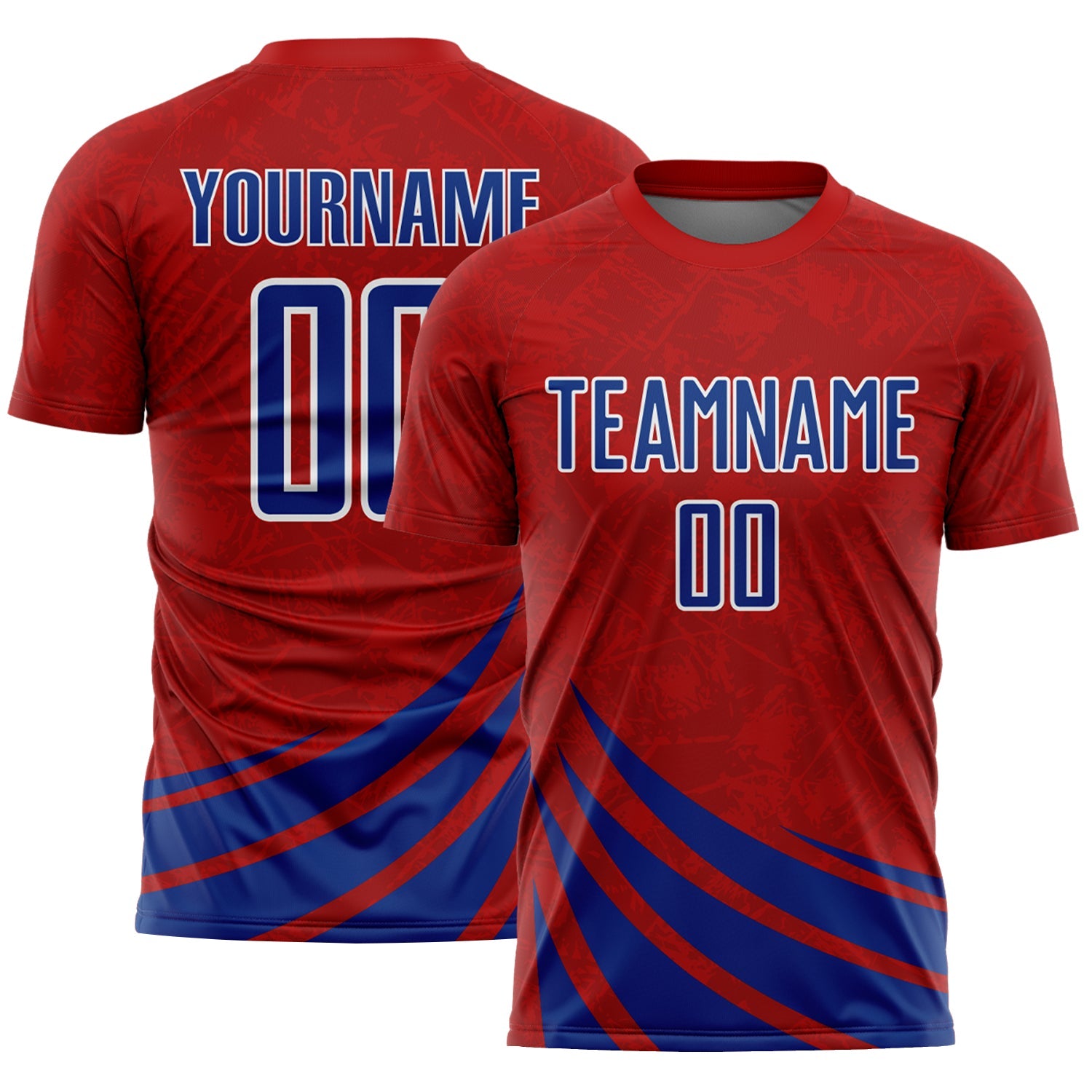Custom Red Royal-White Distressed Diagonal Stripes Wind Shapes Sports Sublimation Soccer Uniform Jersey - Main View