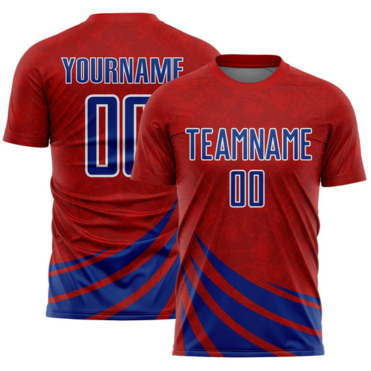 Custom Red Royal-White Distressed Diagonal Stripes Wind Shapes Sports Sublimation Soccer Uniform Jersey - Main View