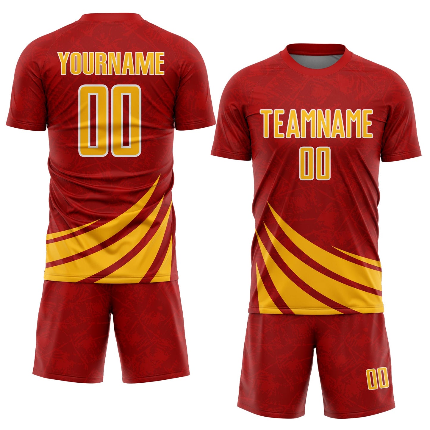 Custom Red Gold-White Distressed Diagonal Stripes Wind Shapes Sports Sublimation Soccer Uniform Jersey view 2