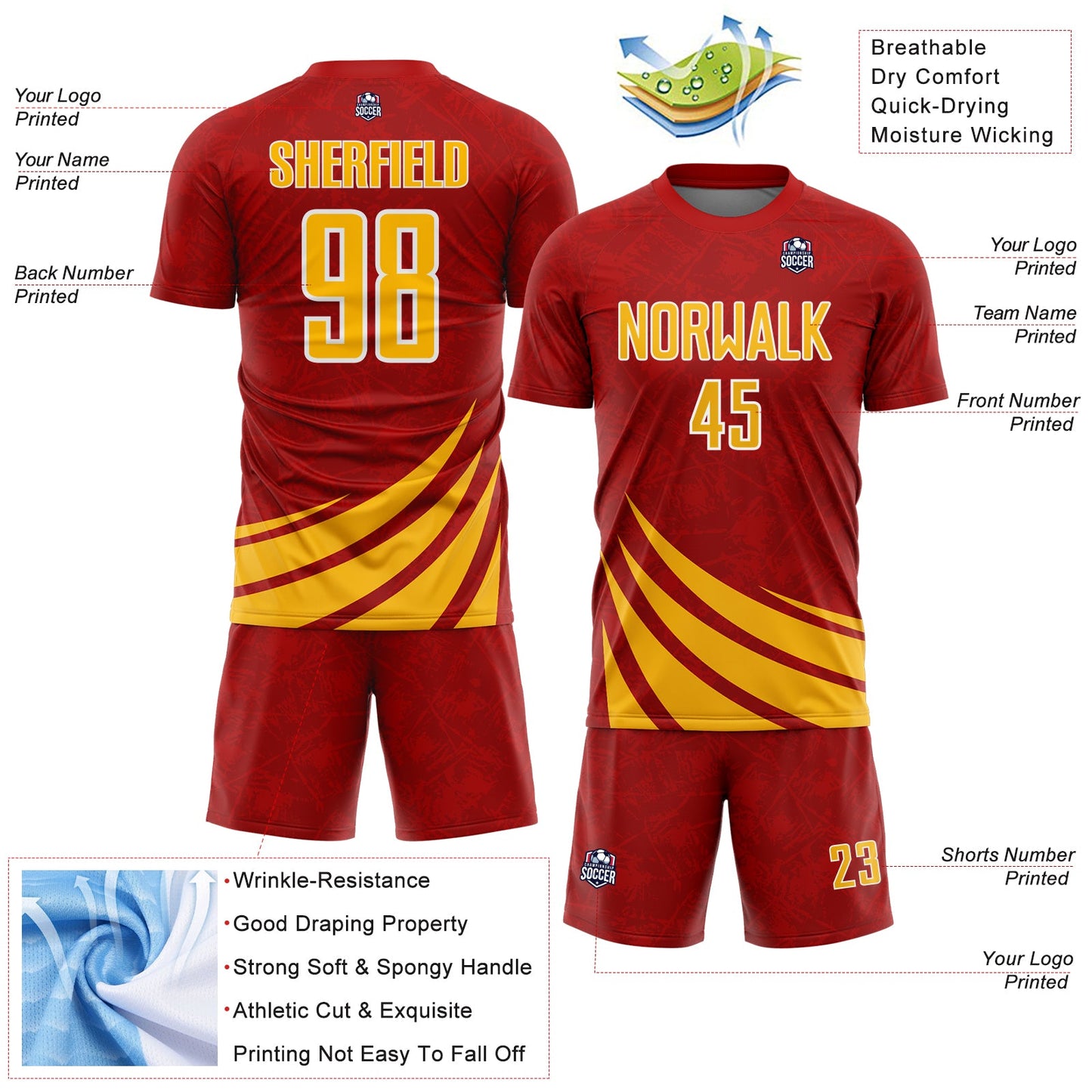 Custom Red Gold-White Distressed Diagonal Stripes Wind Shapes Sports Sublimation Soccer Uniform Jersey view 4