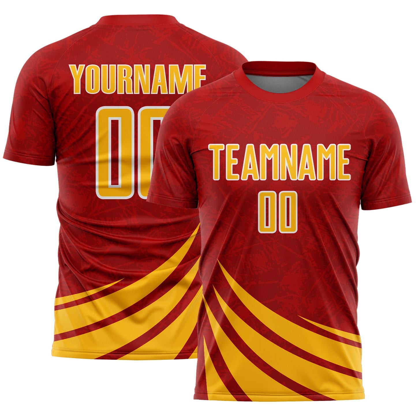 Custom Red Gold-White Distressed Diagonal Stripes Wind Shapes Sports Sublimation Soccer Uniform Jersey - Main View